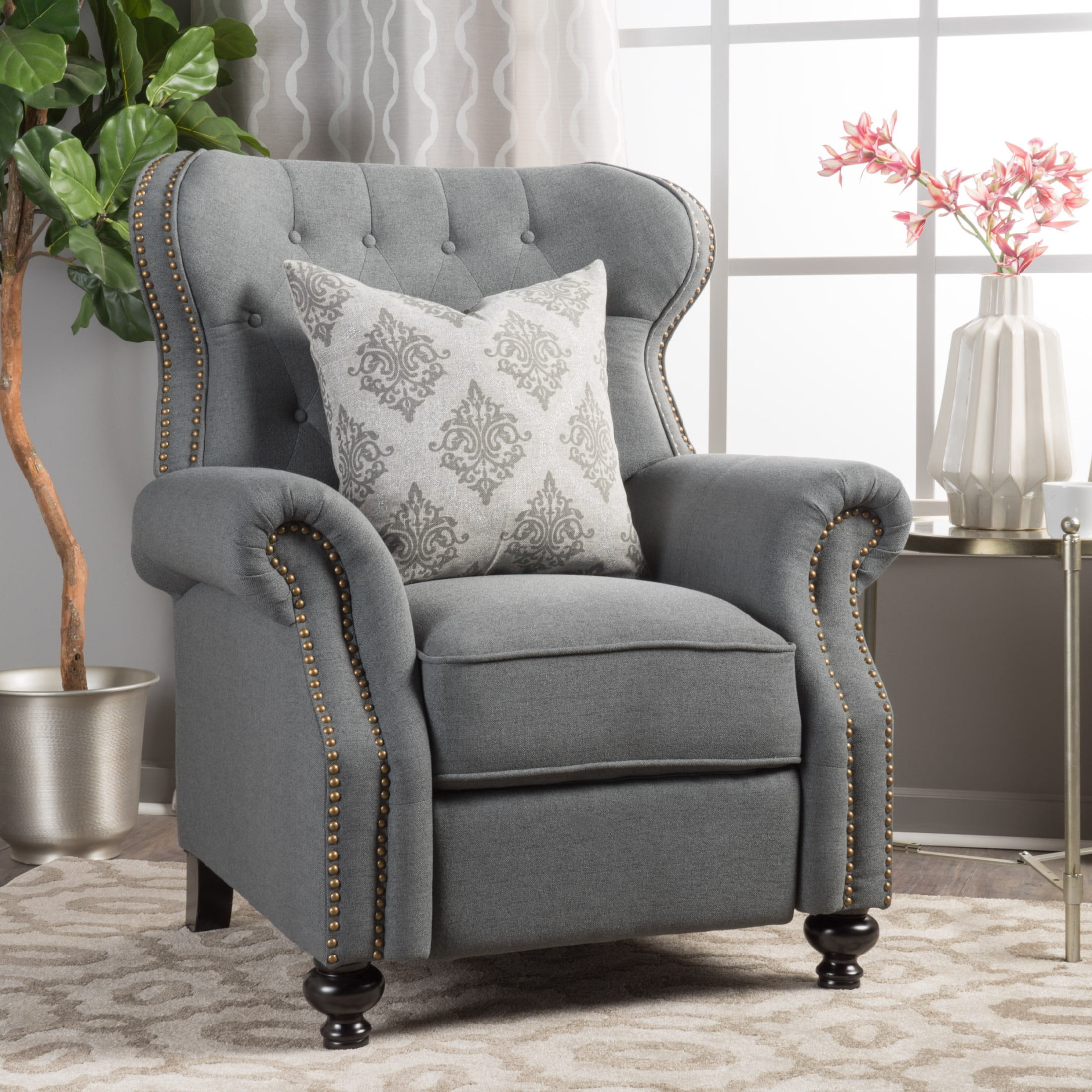 Christopher Knight Home Modern Manual Push Back Recliner with Rolled Arms, Nailhead Trim, Charcoal