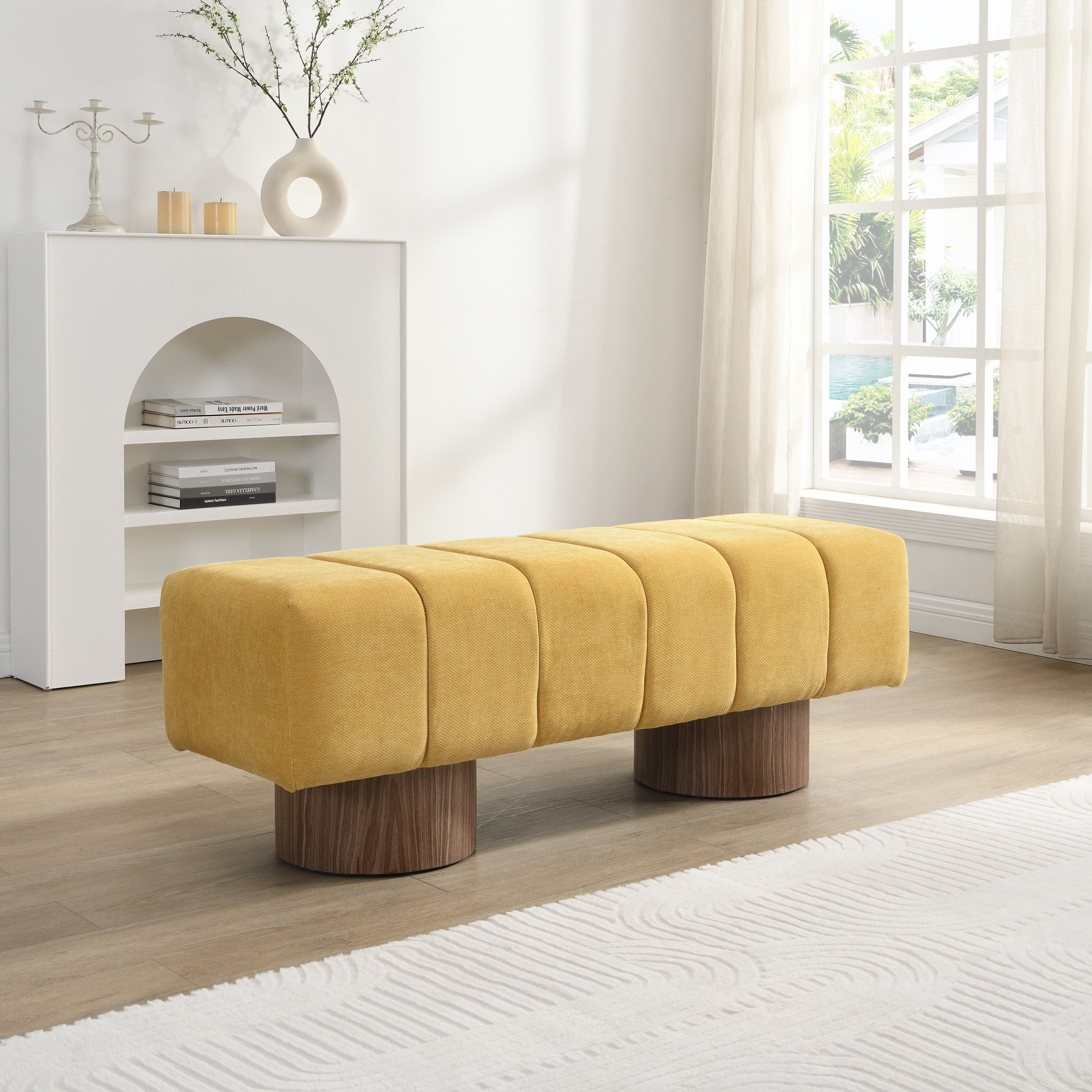 Christopher Knight Home Modern Mid-Century 50" Chenille Tufted Ottoman Bench, Faux Wood Legs, Yellow