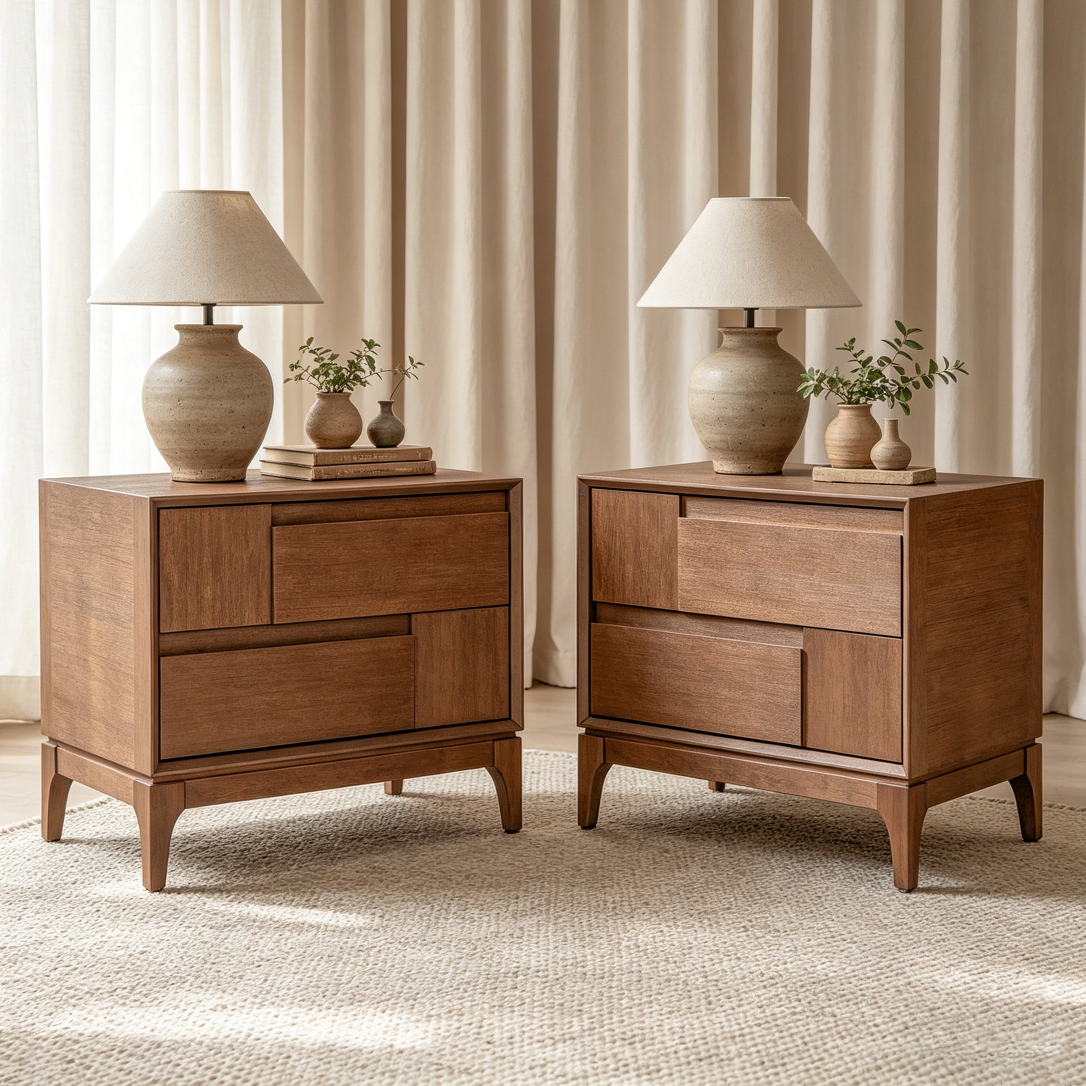 Christopher Knight Home Modern Mid-Century Nightstand with 2 Drawers, Unique Geometric Design, Brown, Set of 2