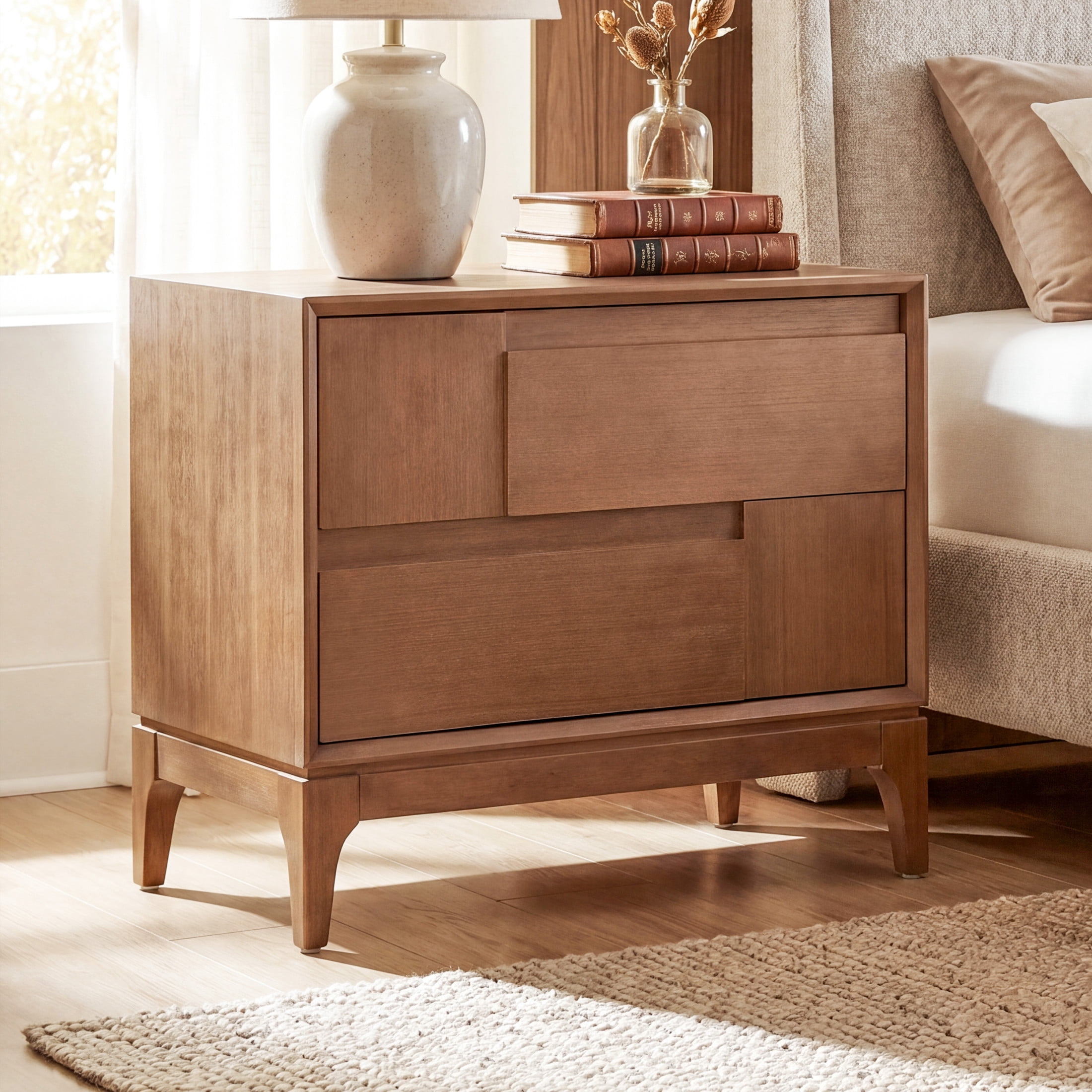 Christopher Knight Home Modern Mid-Century Nightstand with 2 Drawers, Unique Geometric Design, Brown