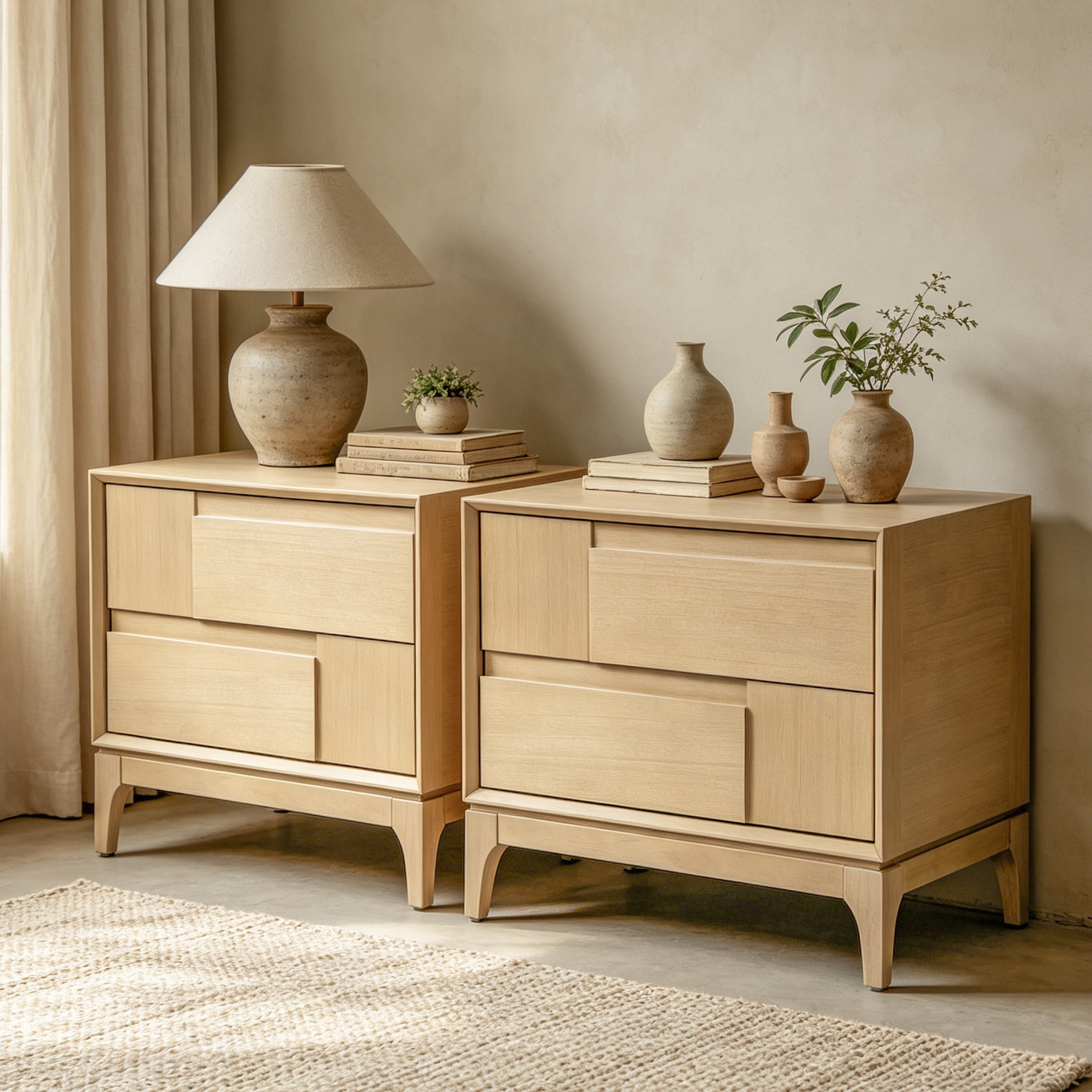 Christopher Knight Home Modern Mid-Century Nightstand with 2 Drawers, Unique Geometric Design, Natural, Set of 2