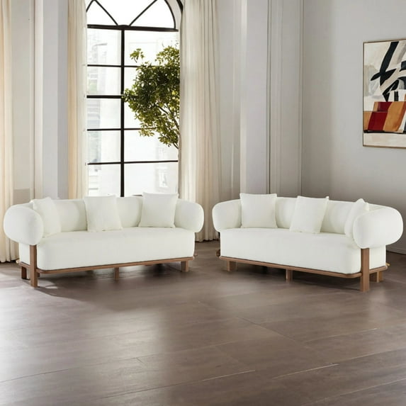 Christopher Knight Home Modern Minimalist 3-Seater Sofa, Rounded Arms, Solid Wood Frame, Beige, Set of 2