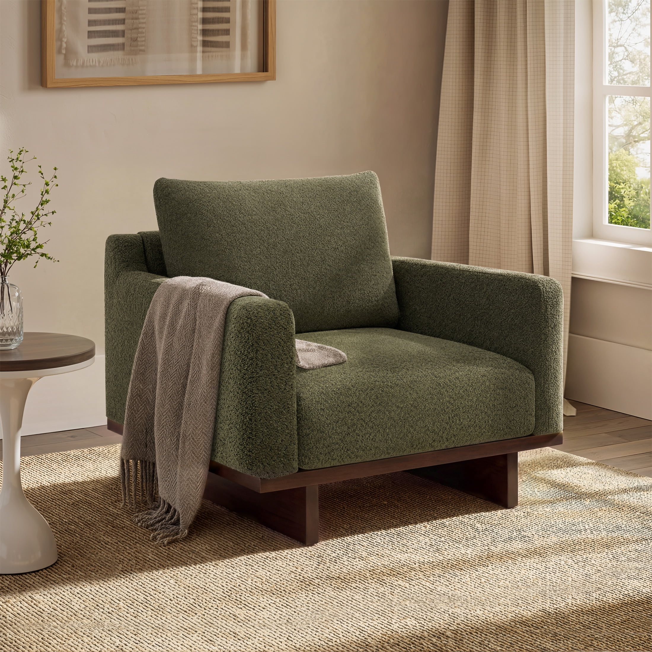Christopher Knight Home Modern Minimalist Accent Chair, Solid Wood Frame with Soft Cushions, Olive Green