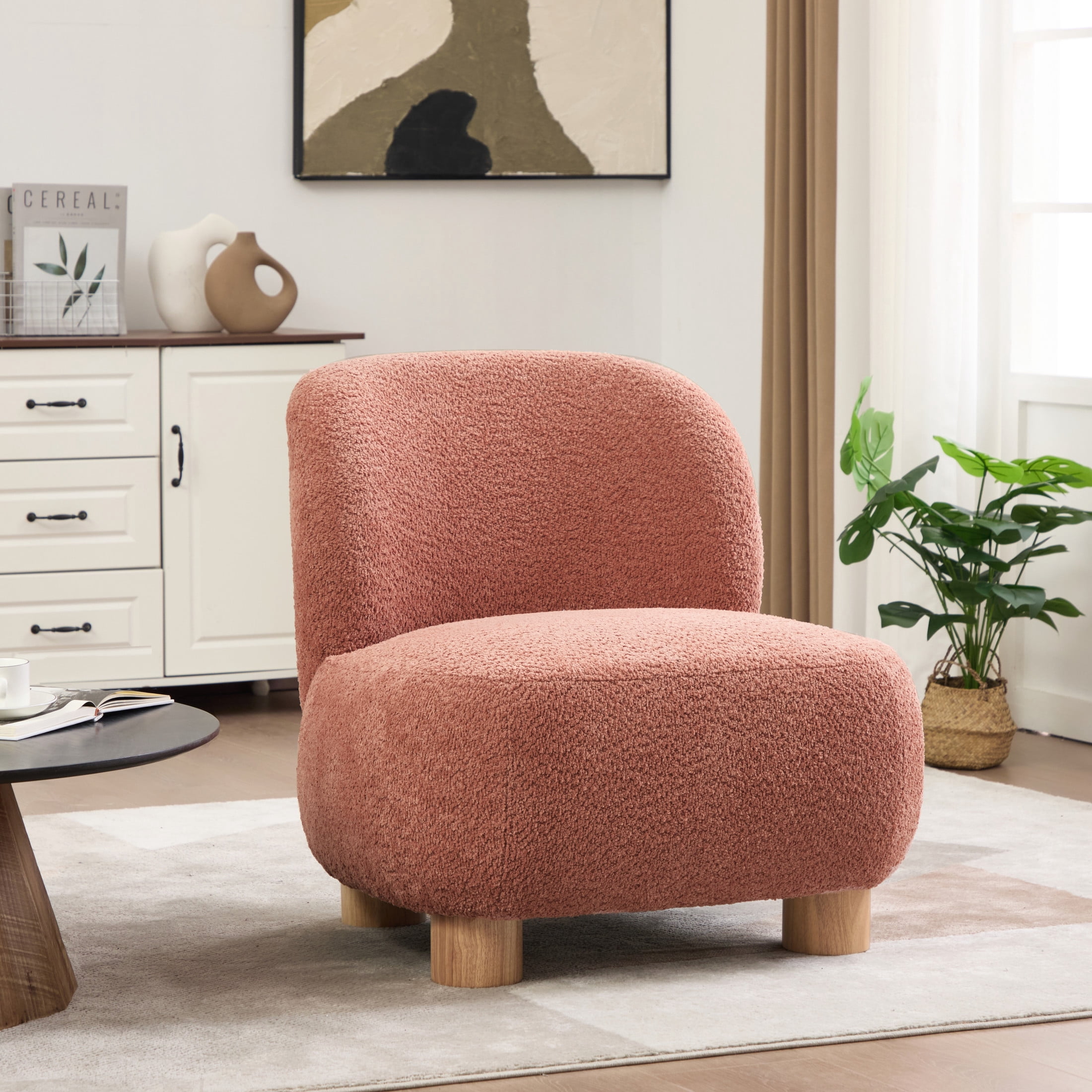 Christopher Knight Home Modern Minimalist Boucle Upholstered Accent Chair, Rubberwood Legs, Coral