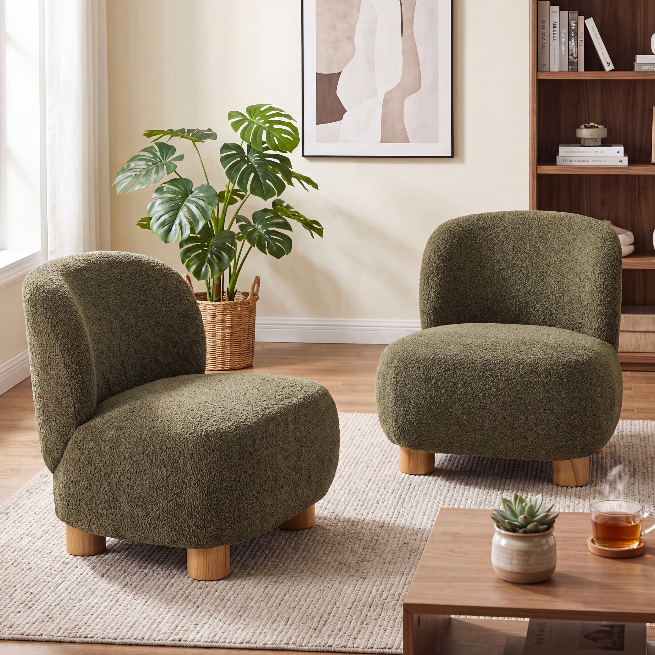 Christopher Knight Home Modern Minimalist Boucle Upholstered Accent Chair, Rubberwood Legs, Olive Green, Set of 2