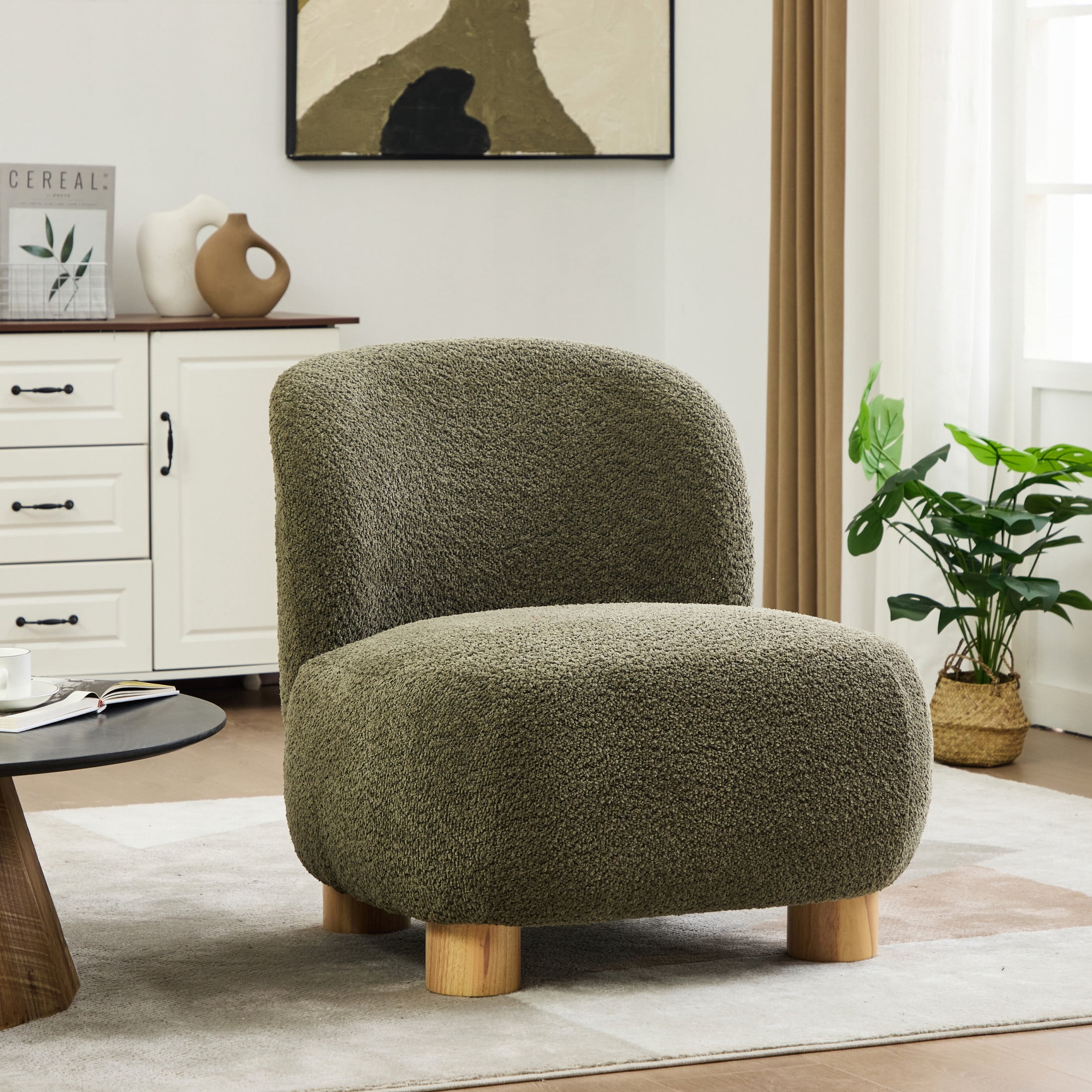 Christopher Knight Home Modern Minimalist Boucle Upholstered Accent Chair, Rubberwood Legs, Olive Green