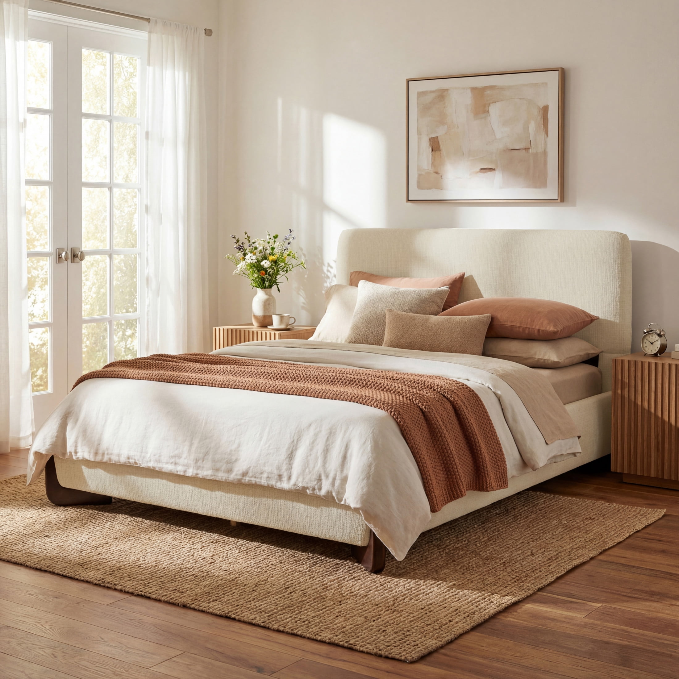 Christopher Knight Home Modern Minimalist Chenille Upholstered Platform Bed, Queen Size, Beige