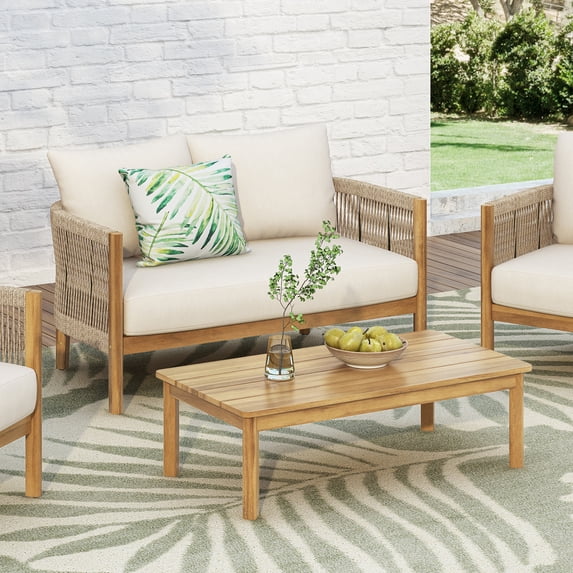 Christopher Knight Home Modern Outdoor 2 Piece Woven Rope Loveseat Coffee Table Set with Cushions, Solid Wood, Beige