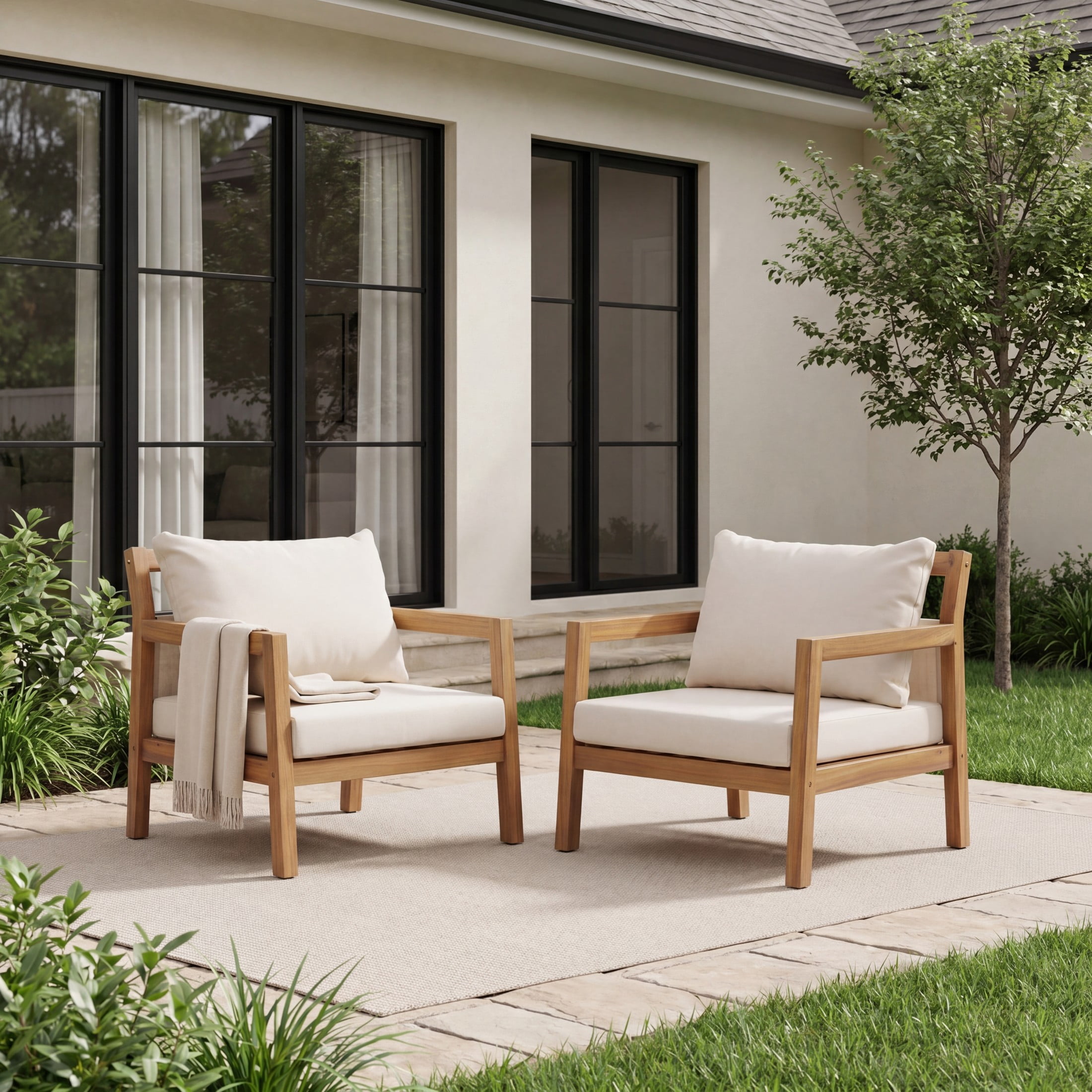 Christopher Knight Home Modern Outdoor Acacia Wood Armchair with Cushions, Light Teak+Beige, Set of 2