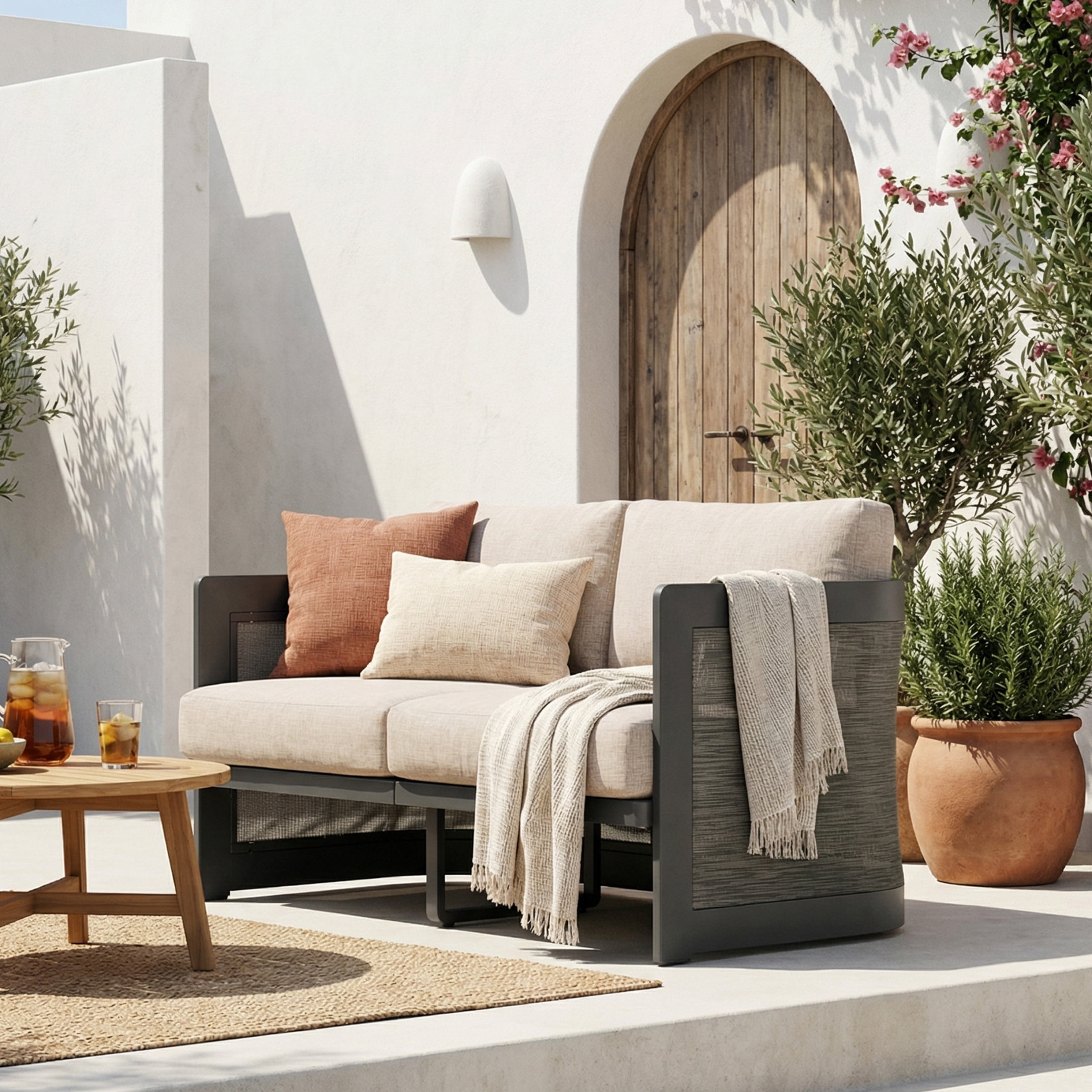 Christopher Knight Home Modern Outdoor Aluminum 50" Loveseat, Black Finish with Beige Cushion