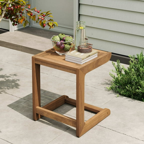 Christopher Knight Home Modern Outdoor C-Shaped Side Table, Solid Acacia Wood Sofa Snack Table, Natural Finish