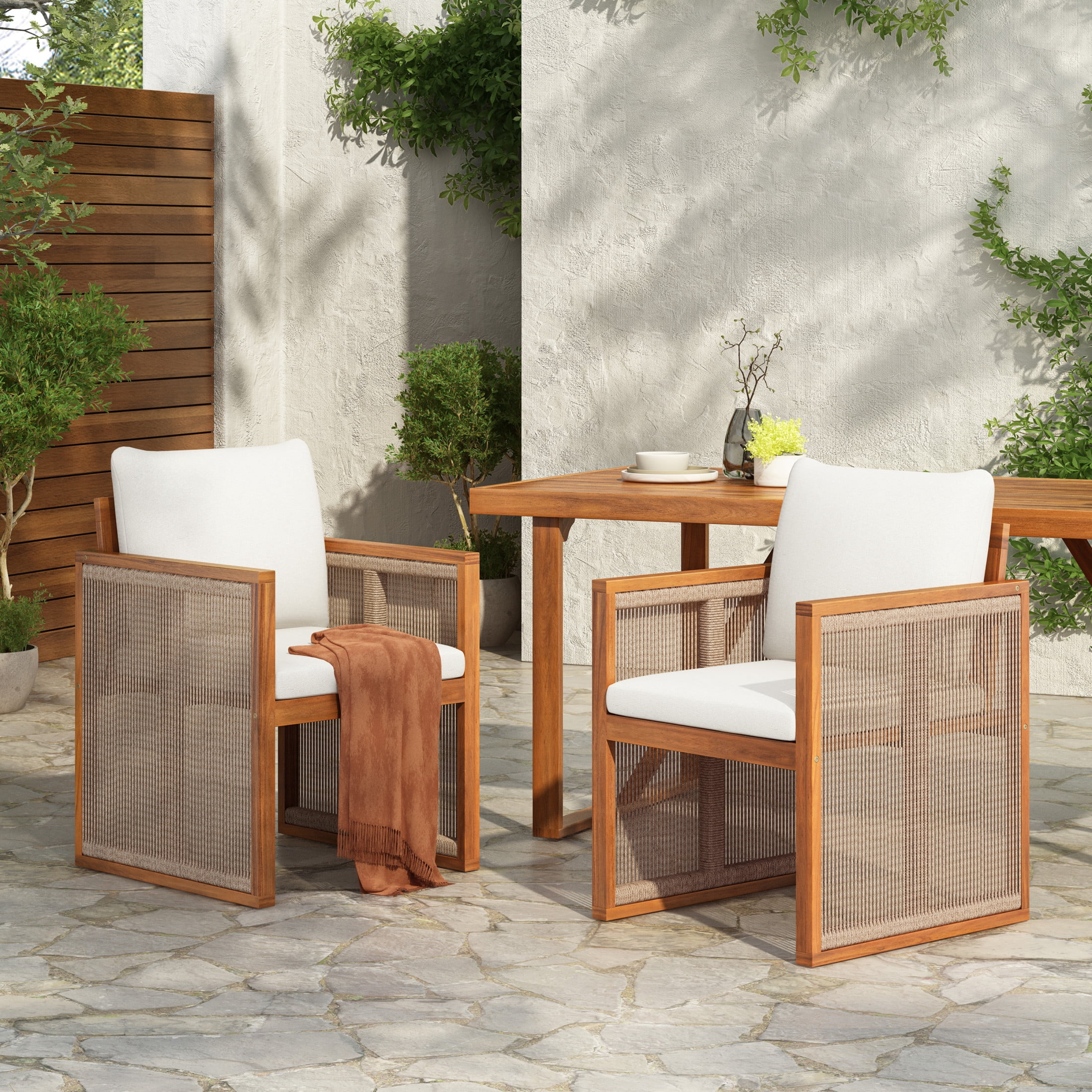 Christopher Knight Home Modern Outdoor Dining Chairs Set of 2, Rope Design with Washable Cushion, Beige