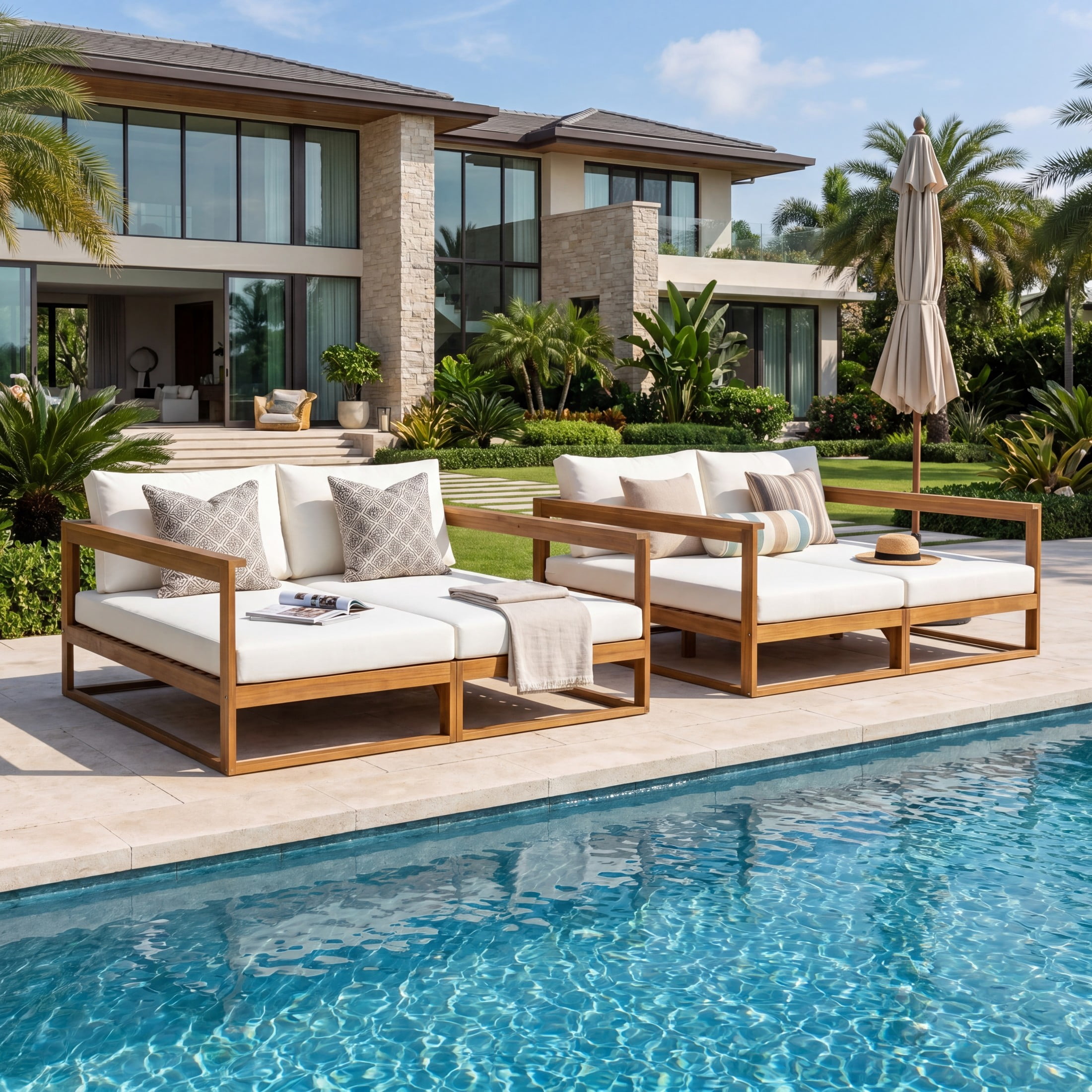 Christopher Knight Home Modern Outdoor Double Daybed, Acacia Wood Frame with Cushions, Teak+Beige, Set of 2