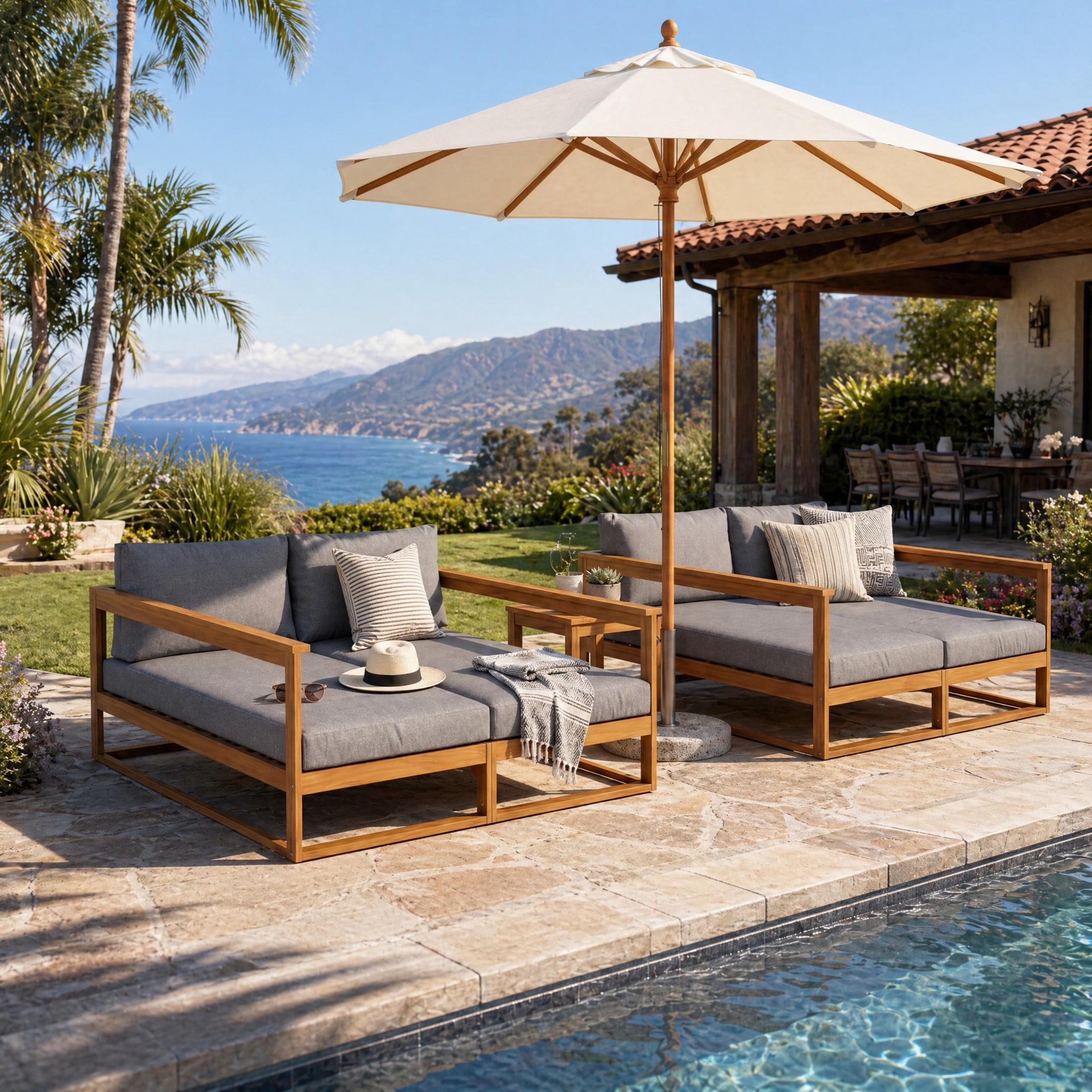 Christopher Knight Home Modern Outdoor Double Daybed, Acacia Wood Frame with Cushions, Teak+Gray, Set of 2