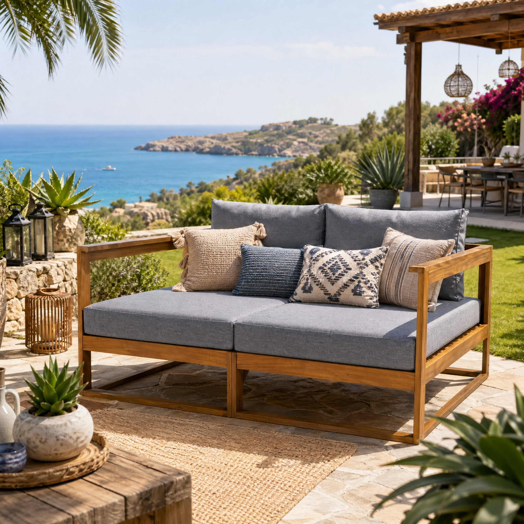 Christopher Knight Home Modern Outdoor Double Daybed, Acacia Wood Frame with Cushions, Teak+Gray