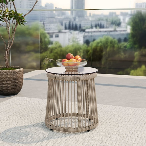 Christopher Knight Home Modern Outdoor Drum Side Table with Woven Rope Frame and Glass Top, Light Brown