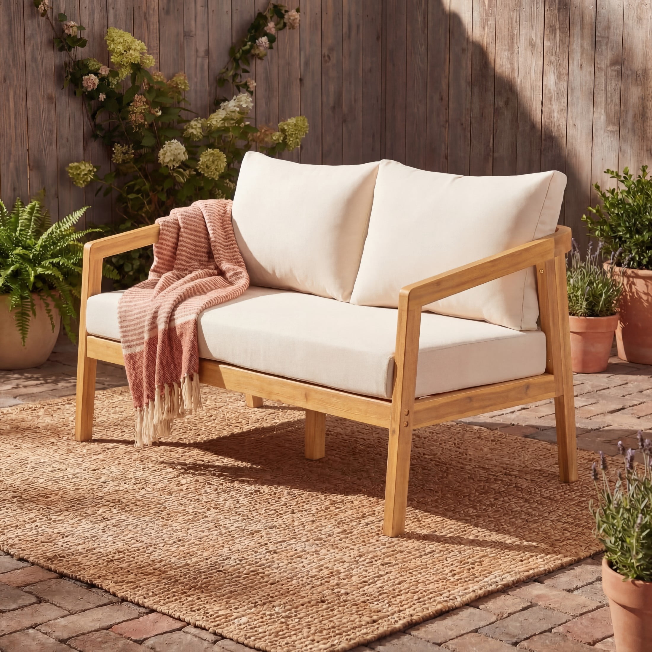 Christopher Knight Home Modern Outdoor Loveseat Sofa, Natural Acacia Wood Frame with Beige Cushions