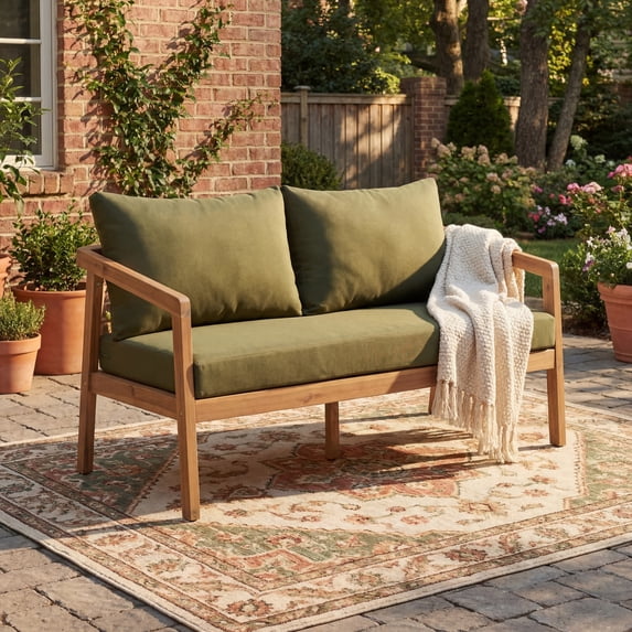 Christopher Knight Home Modern Outdoor Loveseat Sofa, Natural Acacia Wood Frame with Green Cushions