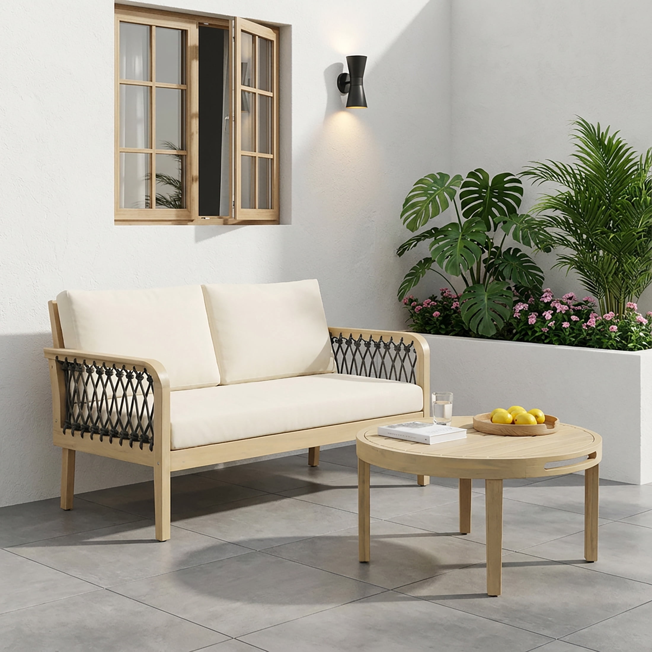 Christopher Knight Home Modern Outdoor Loveseat and Coffee Table Set, Handwoven Rope, Light Teak