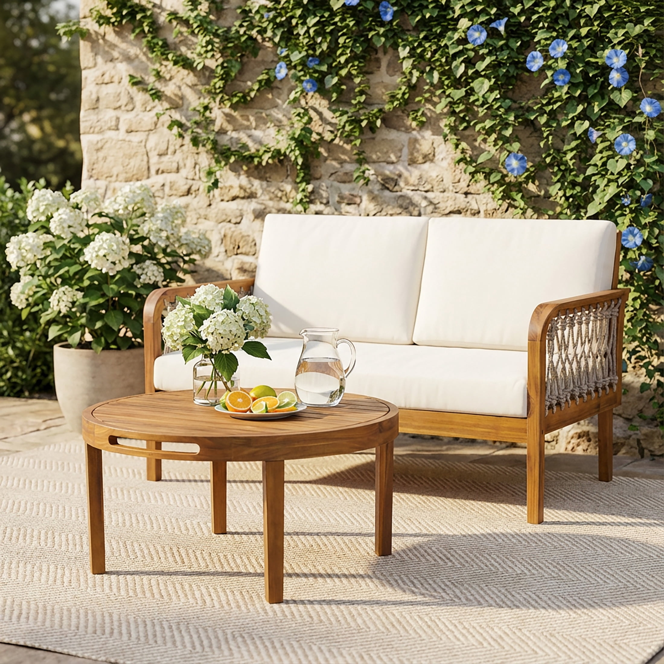 Christopher Knight Home Modern Outdoor Loveseat and Coffee Table Set, Handwoven Rope, Teak