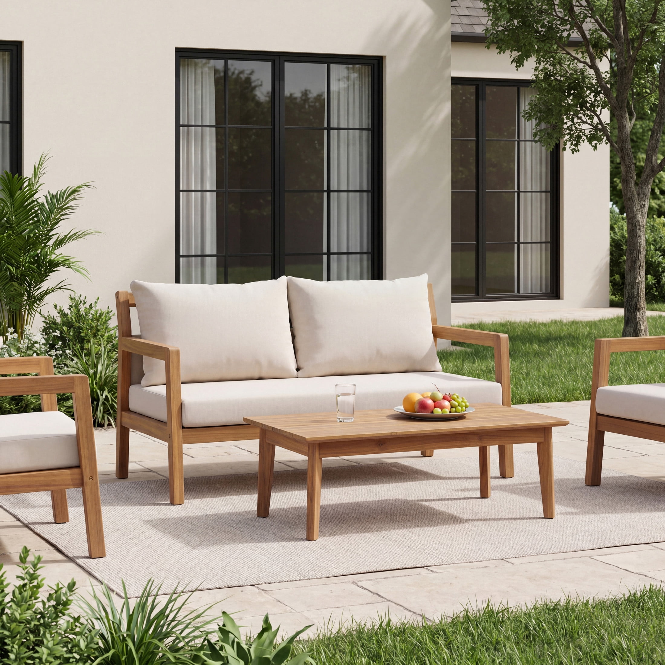 Christopher Knight Home Modern Outdoor Loveseat and Coffee Table Set with Cushions, Light Teak+Beige