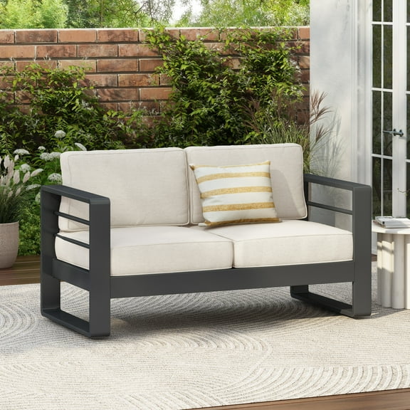 Christopher Knight Home Modern Outdoor Loveseat with Cushions, Aluminum Frame, Beige+Black
