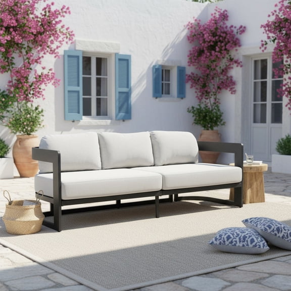 Christopher Knight Home Modern Outdoor Patio 3 Seater Sofa, Dark Gray Aluminum Frame, Light Gray Cushion