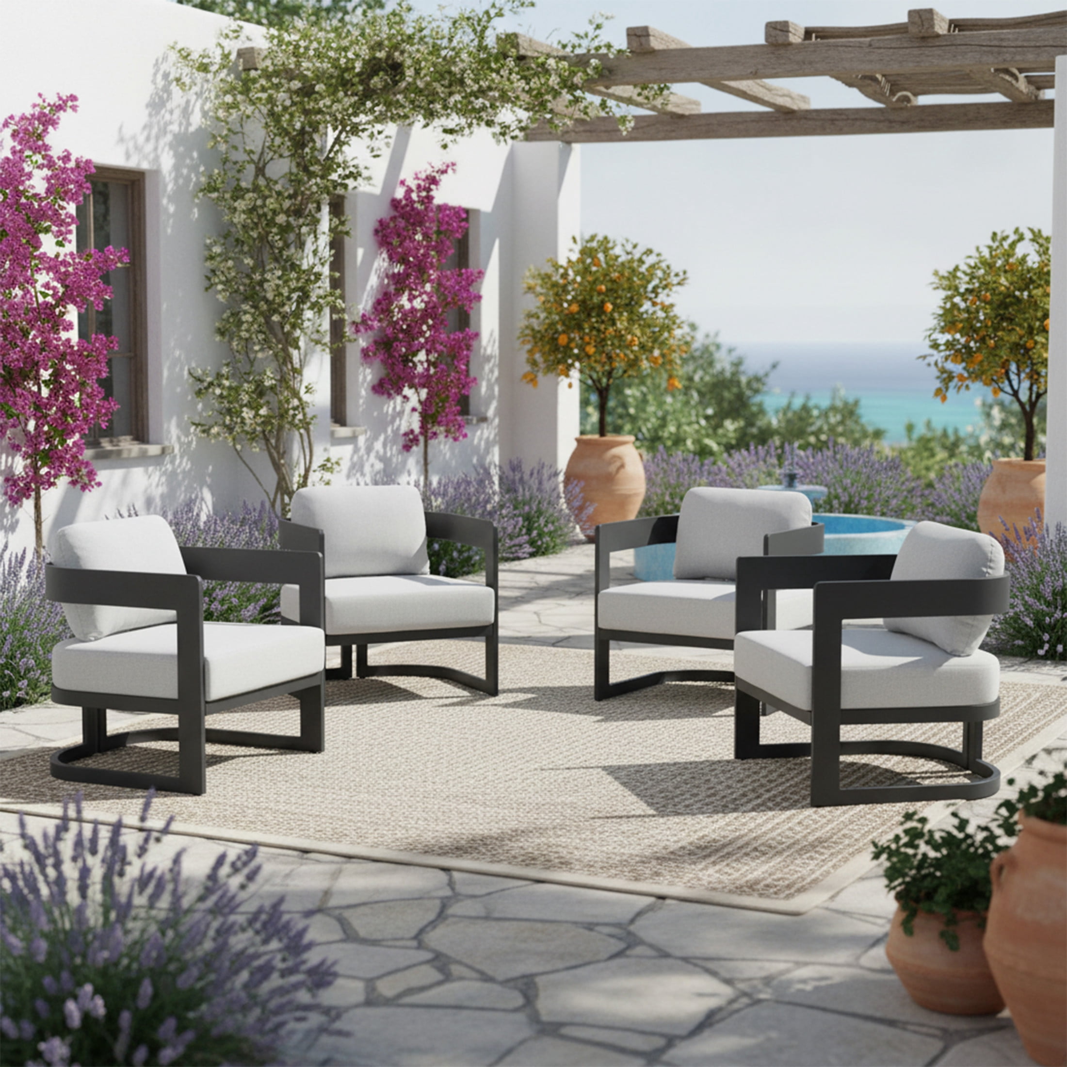 Christopher Knight Home Modern Outdoor Patio Club Chair, Dark Gray Aluminum Frame, Light Gray Cushion, Set of 4