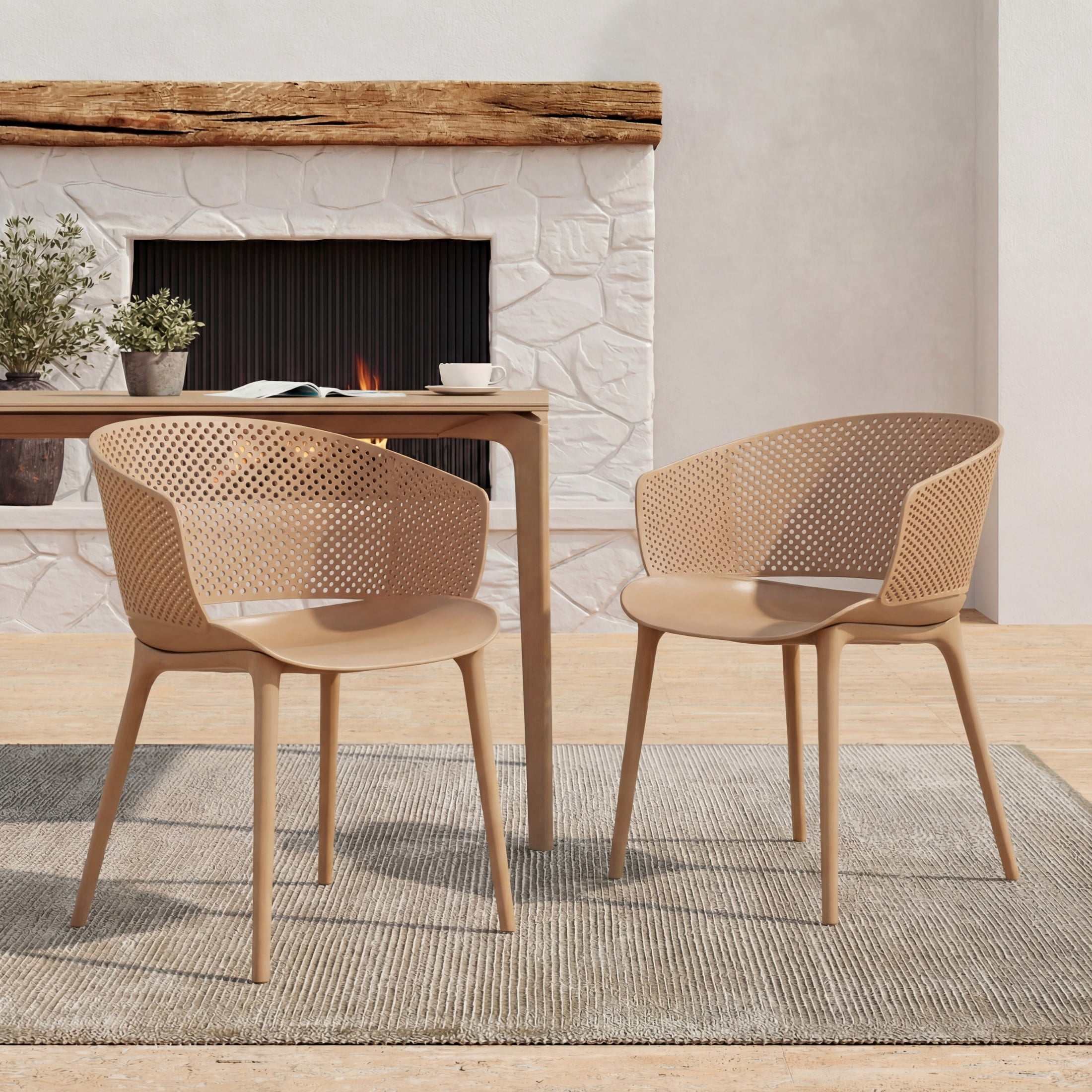 Christopher Knight Home Modern Outdoor Plastic Round Back Dining Chairs Set of 2, Brown Yellow