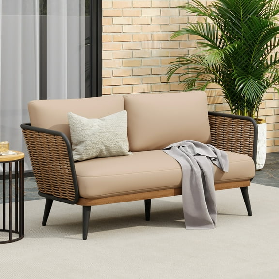 Christopher Knight Home Modern Outdoor Wicker Loveseat with Waterproof Cushions, Metal Frame, Beige
