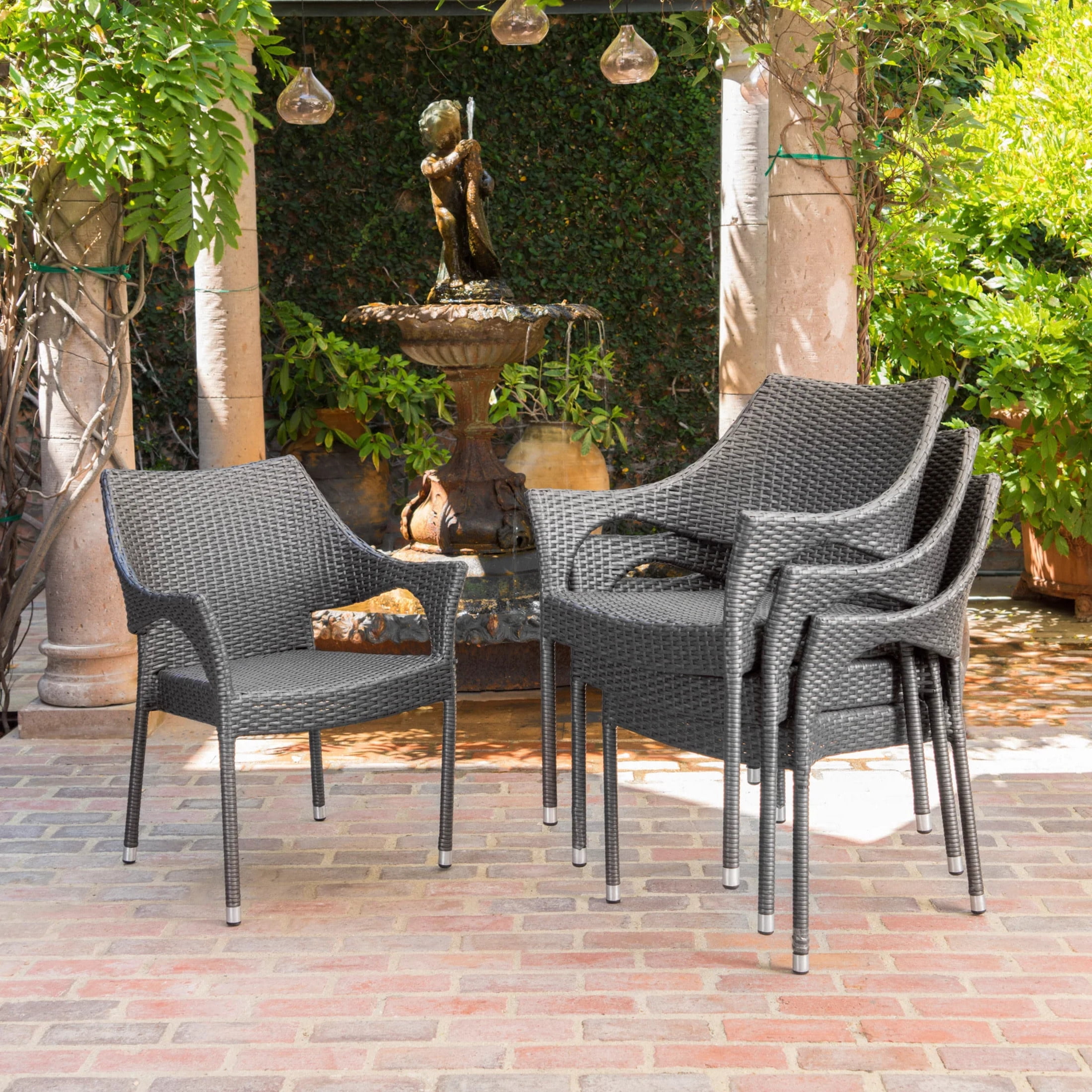 Christopher Knight Home Modern Outdoor Wicker Stacking Dining Chairs Set of 4, Iron Frame, Gray