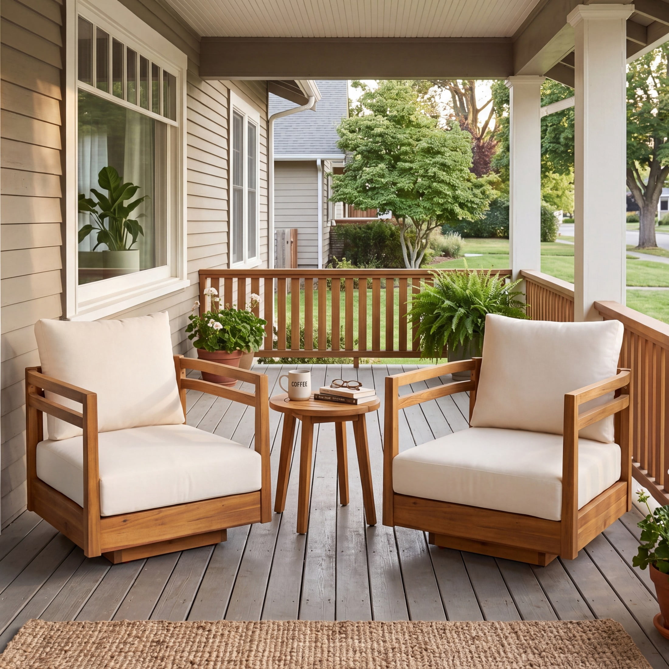 Christopher Knight Home Modern Outdoor Wood 360° Swivel Lounge Chair with Cushions, Natural+Beige, Set of 2