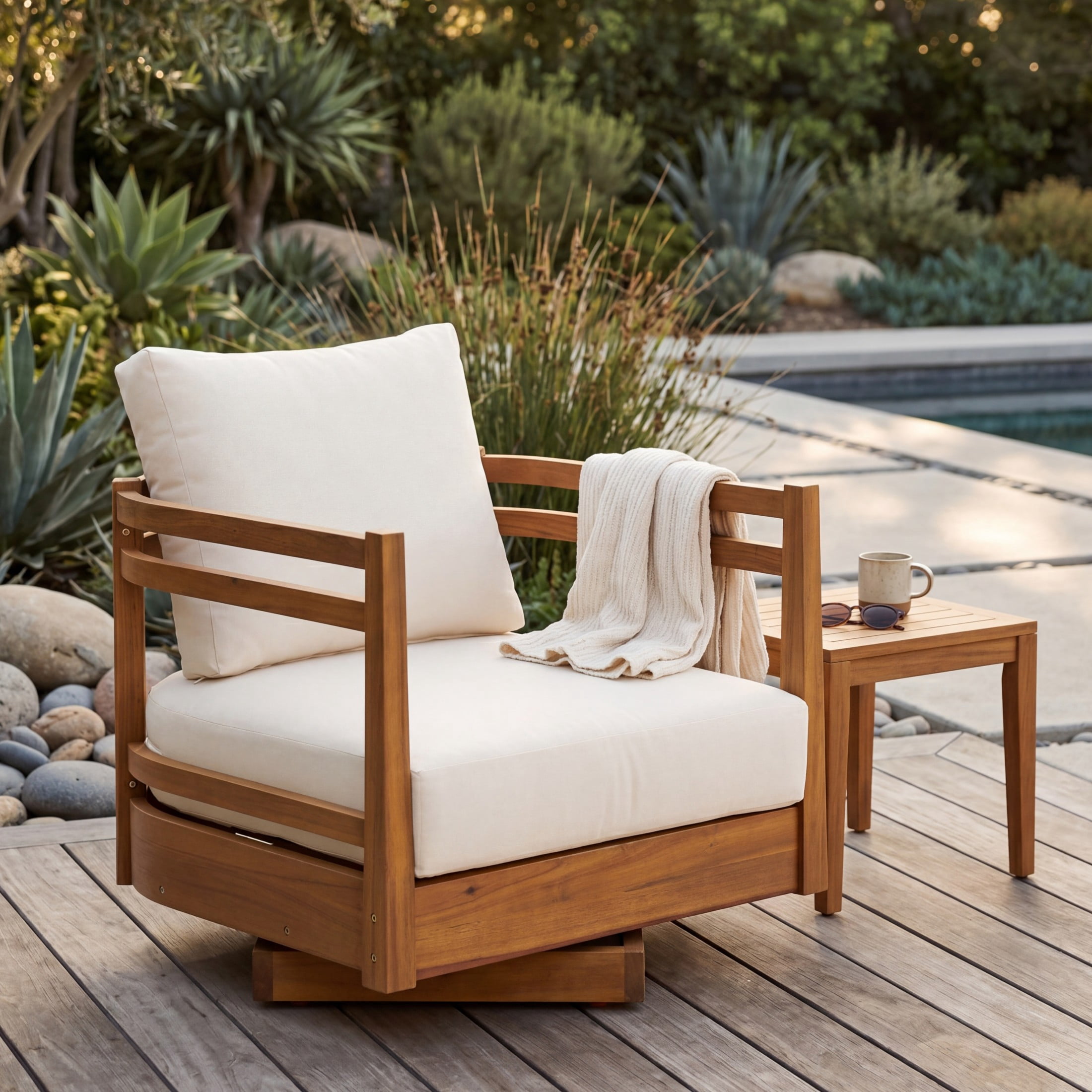 Christopher Knight Home Modern Outdoor Wood 360° Swivel Lounge Chair with Cushions, Natural+Beige