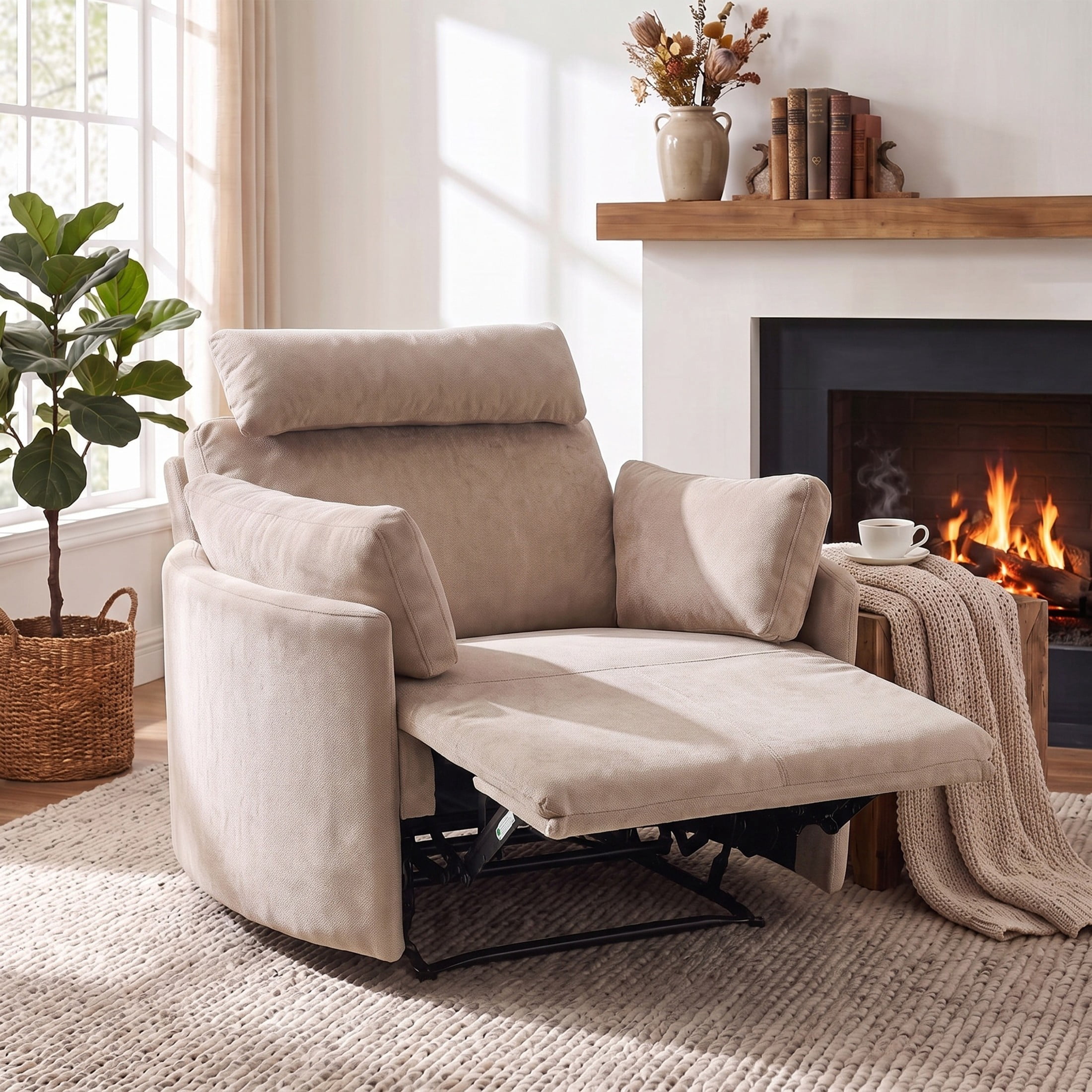 Christopher Knight Home Modern Oversized Manual Recliner Chair with Adjustable Headrest and Pillows, Almond