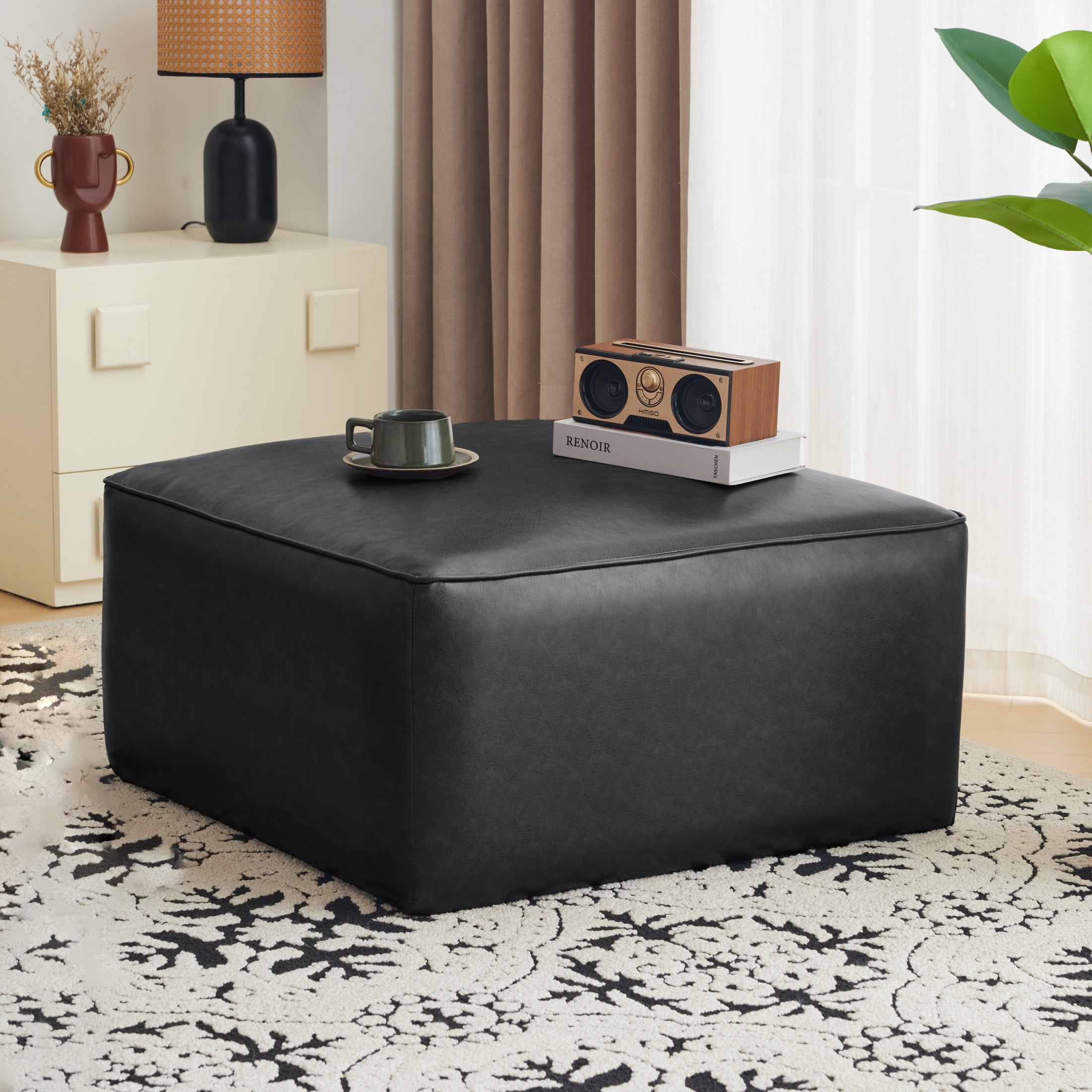 Christopher Knight Home Modern PU Leather Square Ottoman, Versatile Footrest & Side Table, Black