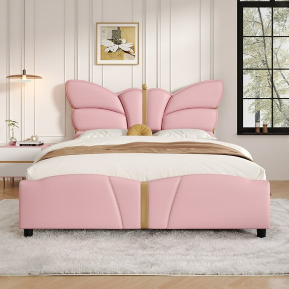 Christopher Knight Home Modern PU Upholstered Full Bed Frame with Butterfly Headboard, Wood Frame, Pink