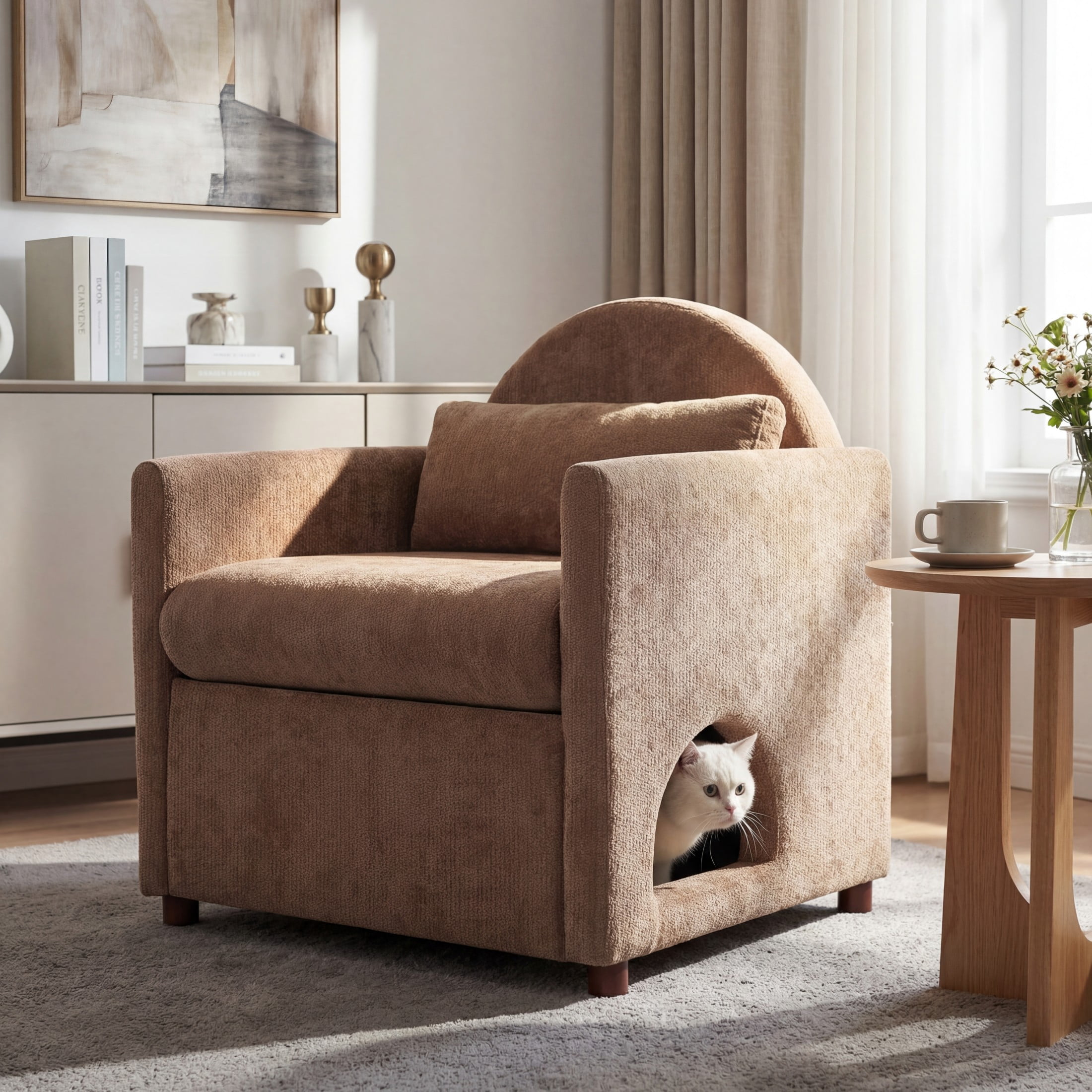 Christopher Knight Home Modern Pet Friendly Accent Chair with Pillow and Hidden Nook, Coffee