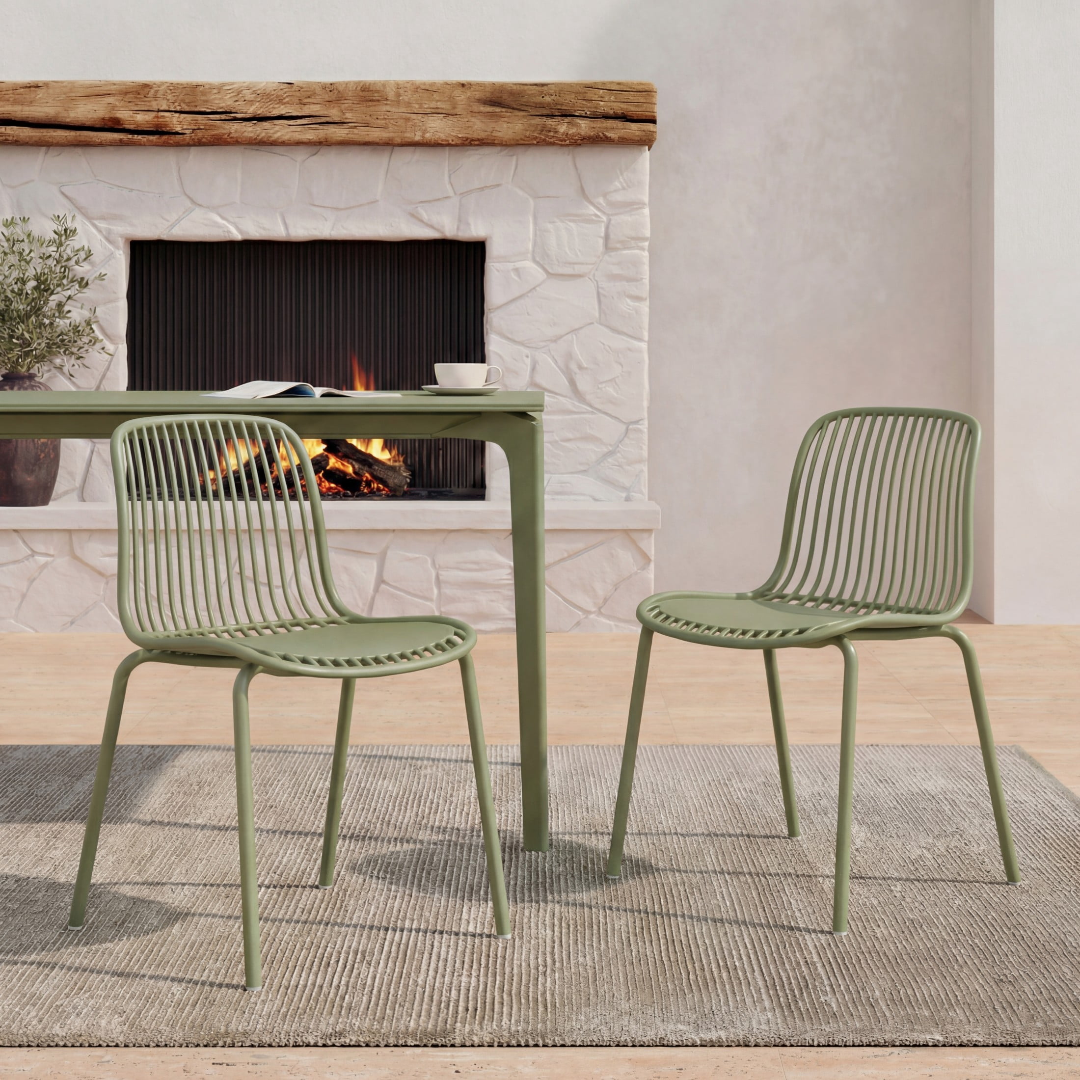 Christopher Knight Home Modern Plastic Outdoor Dining Chairs with Iron Legs, Sage Green, Set of 2