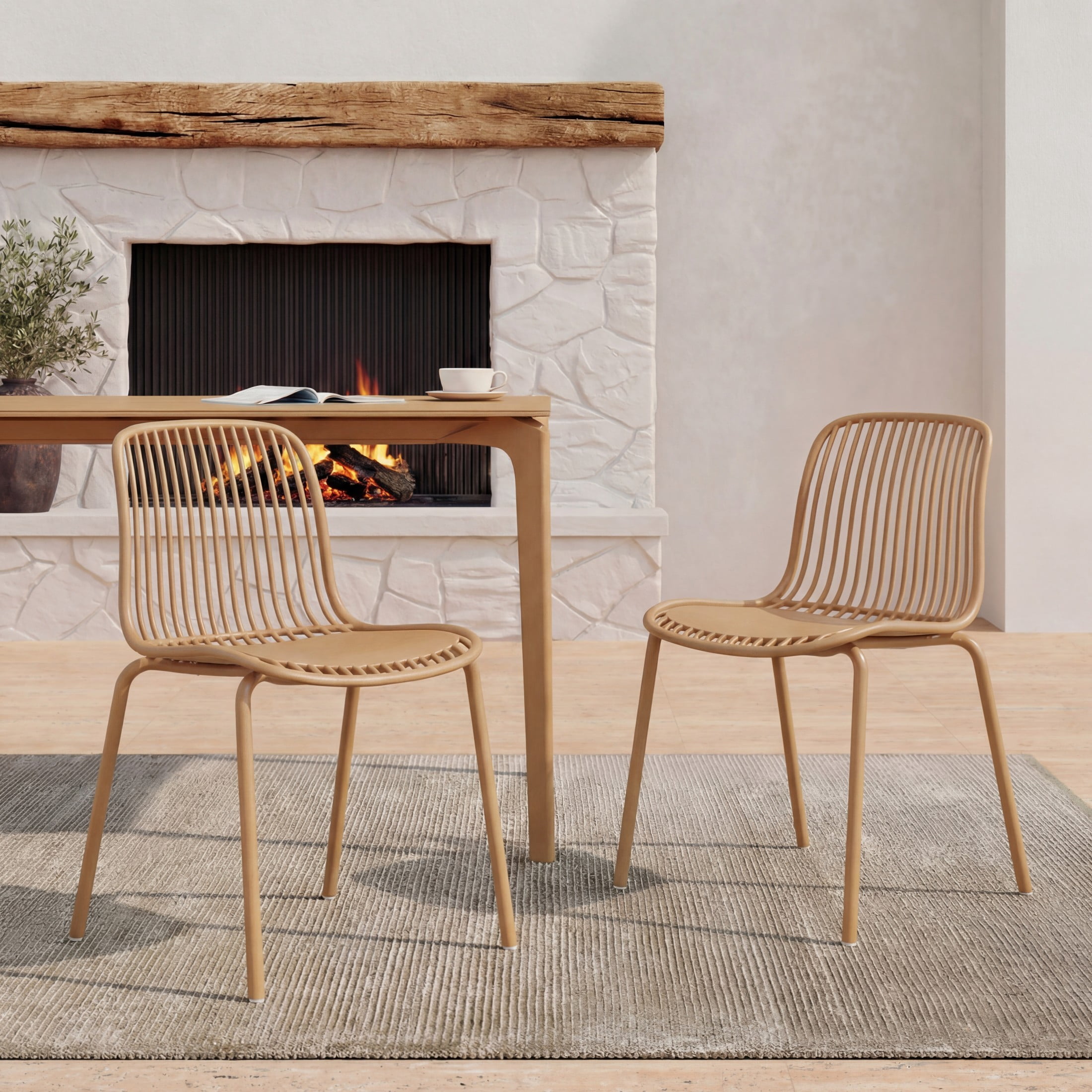 Christopher Knight Home Modern Plastic Outdoor Dining Chairs with Iron Legs, Yellow Brown, Set of 2