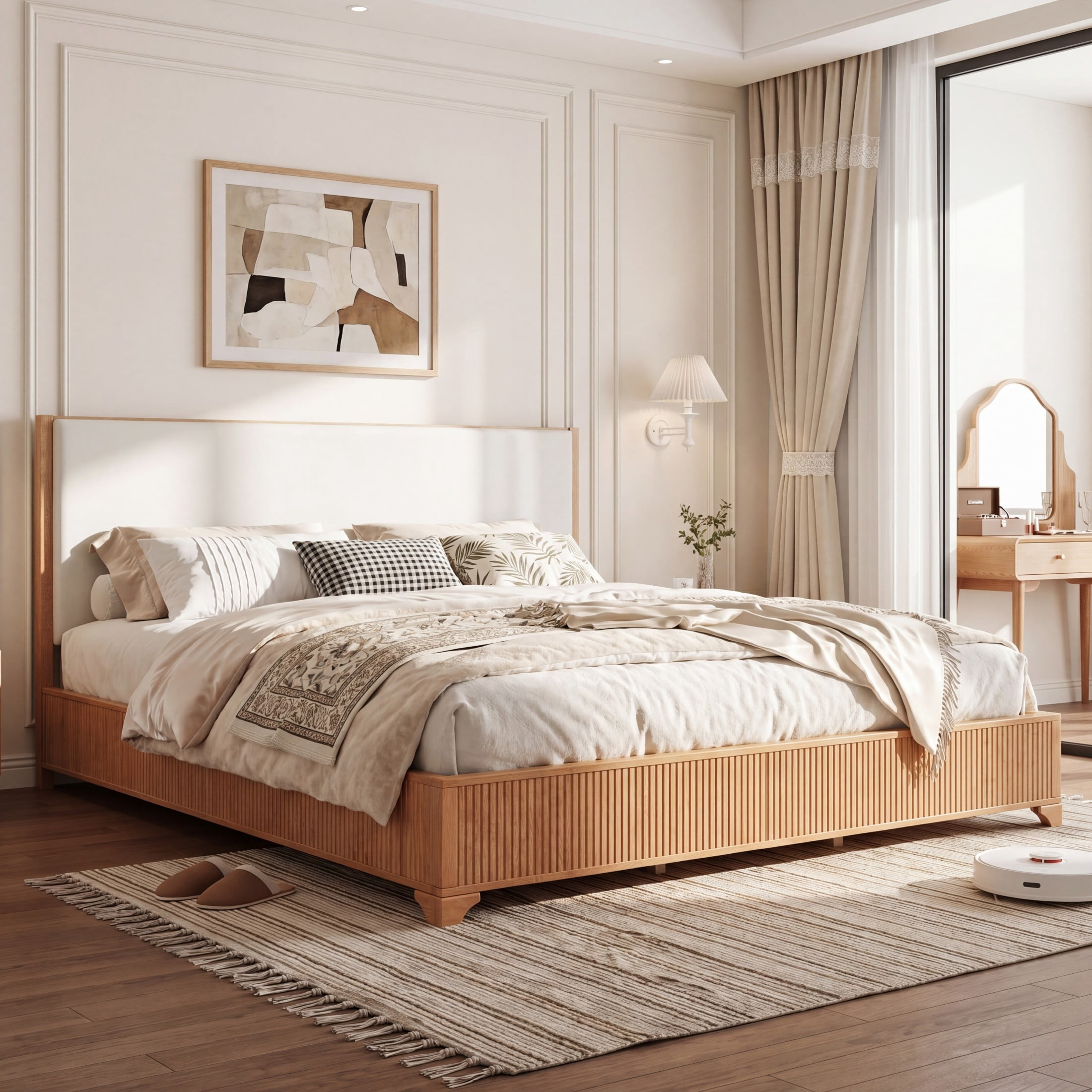 Christopher Knight Home Modern Platform Bed Frame with White Fabric Headboard, King Size, Natural