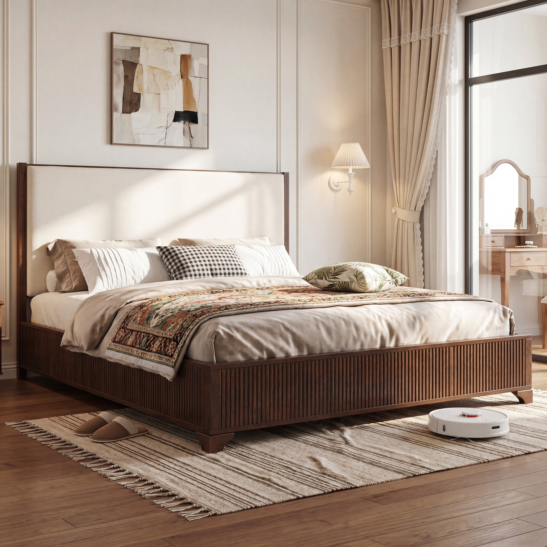 Christopher Knight Home Modern Platform Bed Frame with White Fabric Headboard, Queen Size, Dark Walnut