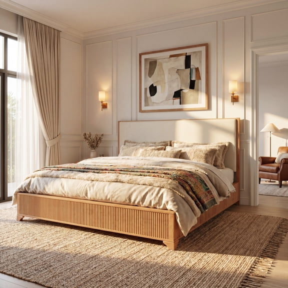 Christopher Knight Home Modern Platform Bed Frame with White Fabric Headboard, Queen Size, Natural