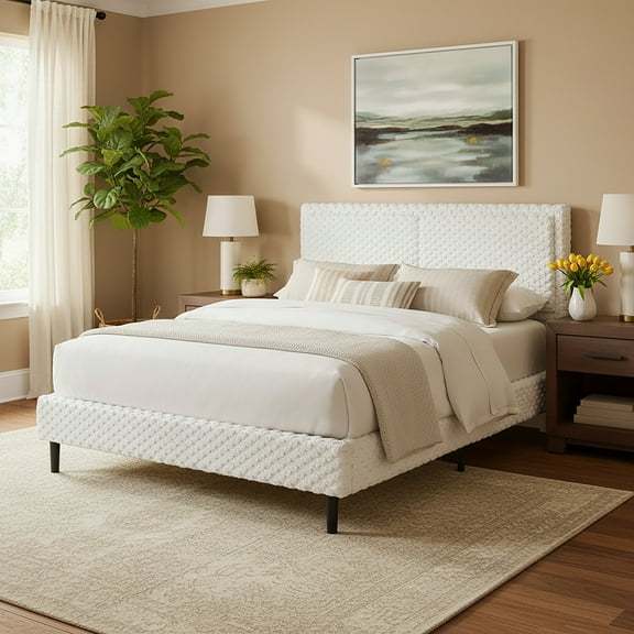 Christopher Knight Home Modern Plush King Bed Frame with Soft Padded Headboard, Wood Frame, White