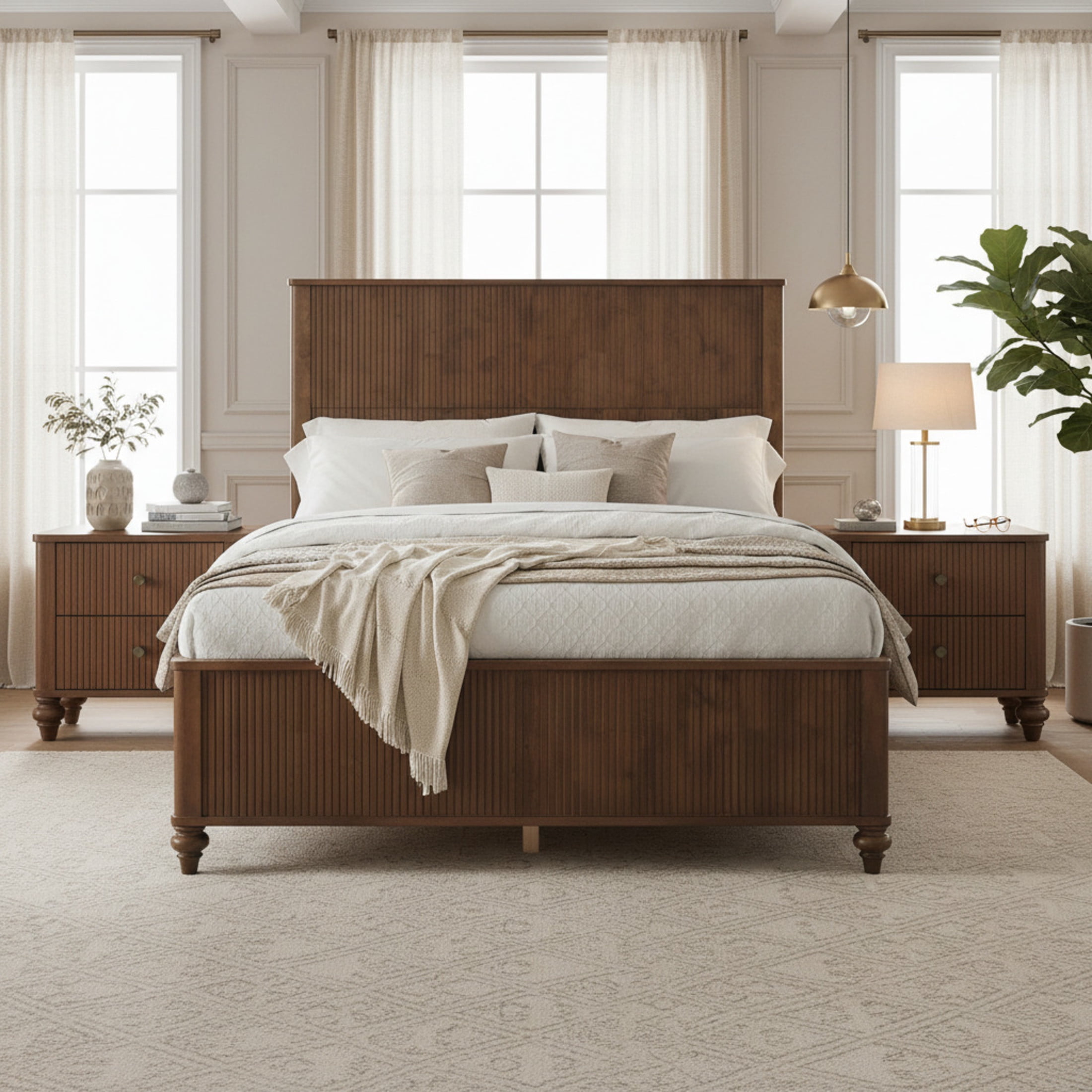 Christopher Knight Home Modern Queen Bed Frame with 2 Drawer Nightstands, Grooved Design, Walnut