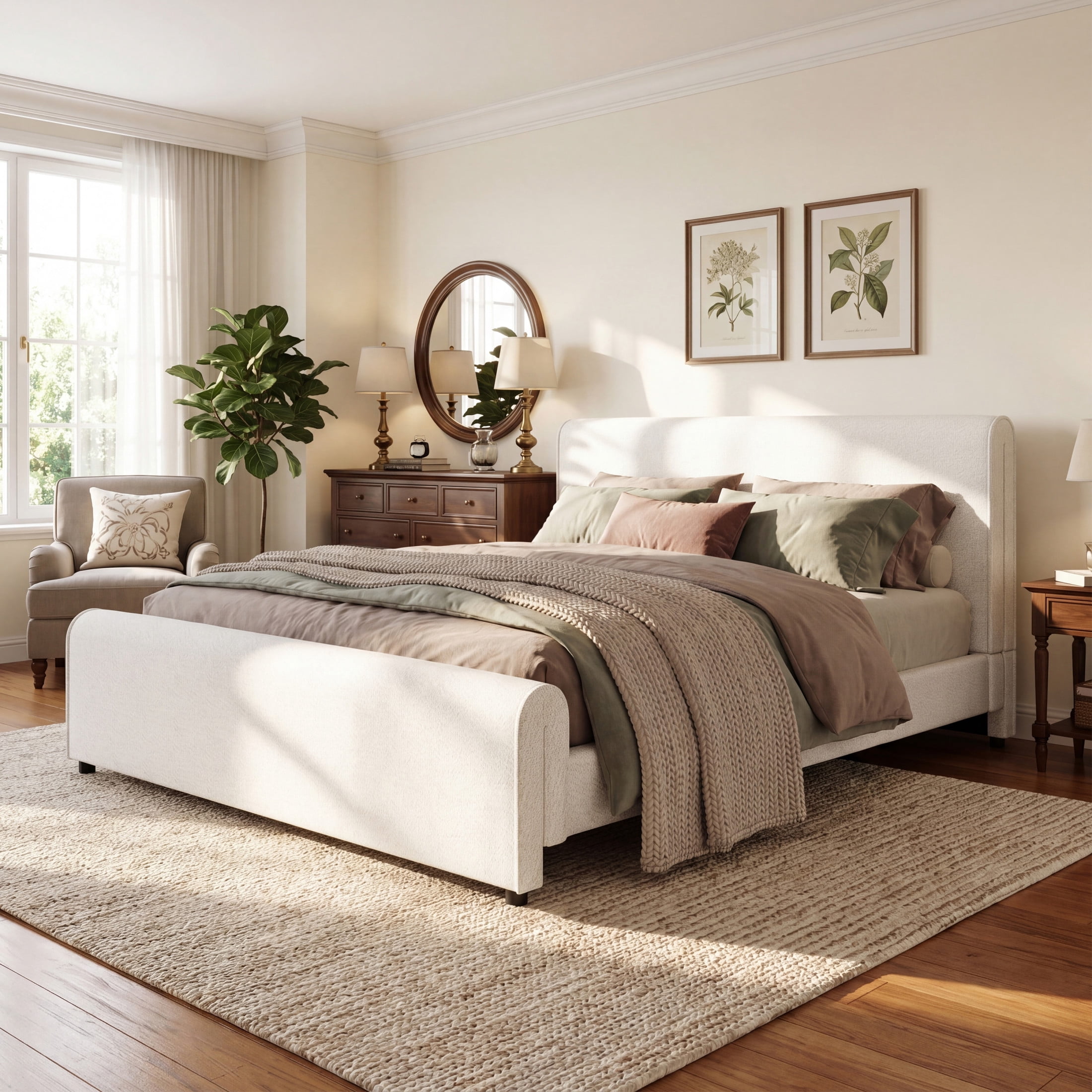 Christopher Knight Home Modern Queen Boucle Upholstered Curved Platform Bed, Round Headboard, White