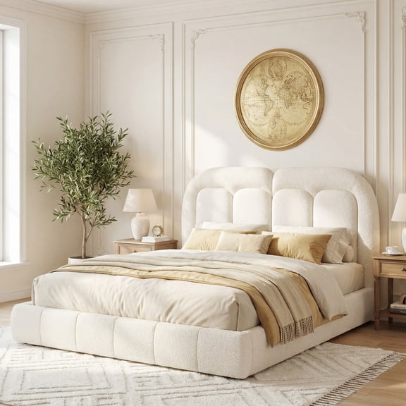 Christopher Knight Home Modern Queen Boucle Upholstered Platform Bed with Tufted Headboard, White