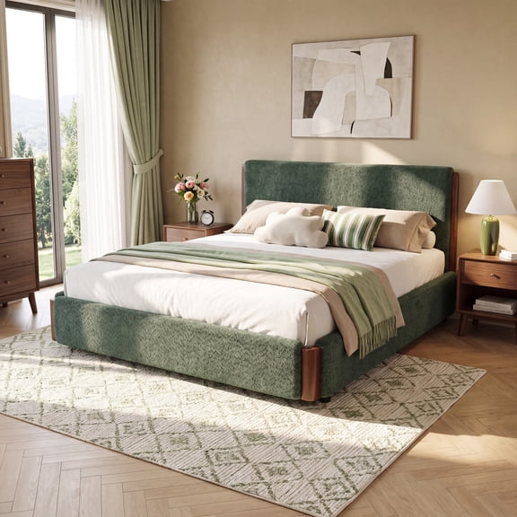 Christopher Knight Home Modern Queen Chenille Upholstered Platform Bed Frame with Wood Accents, Green