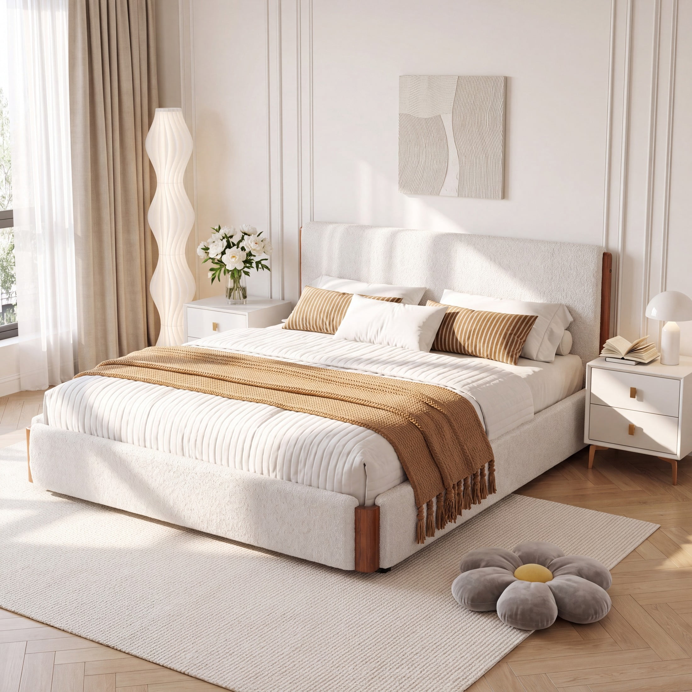 Christopher Knight Home Modern Queen Chenille Upholstered Platform Bed Frame with Wood Accents, White