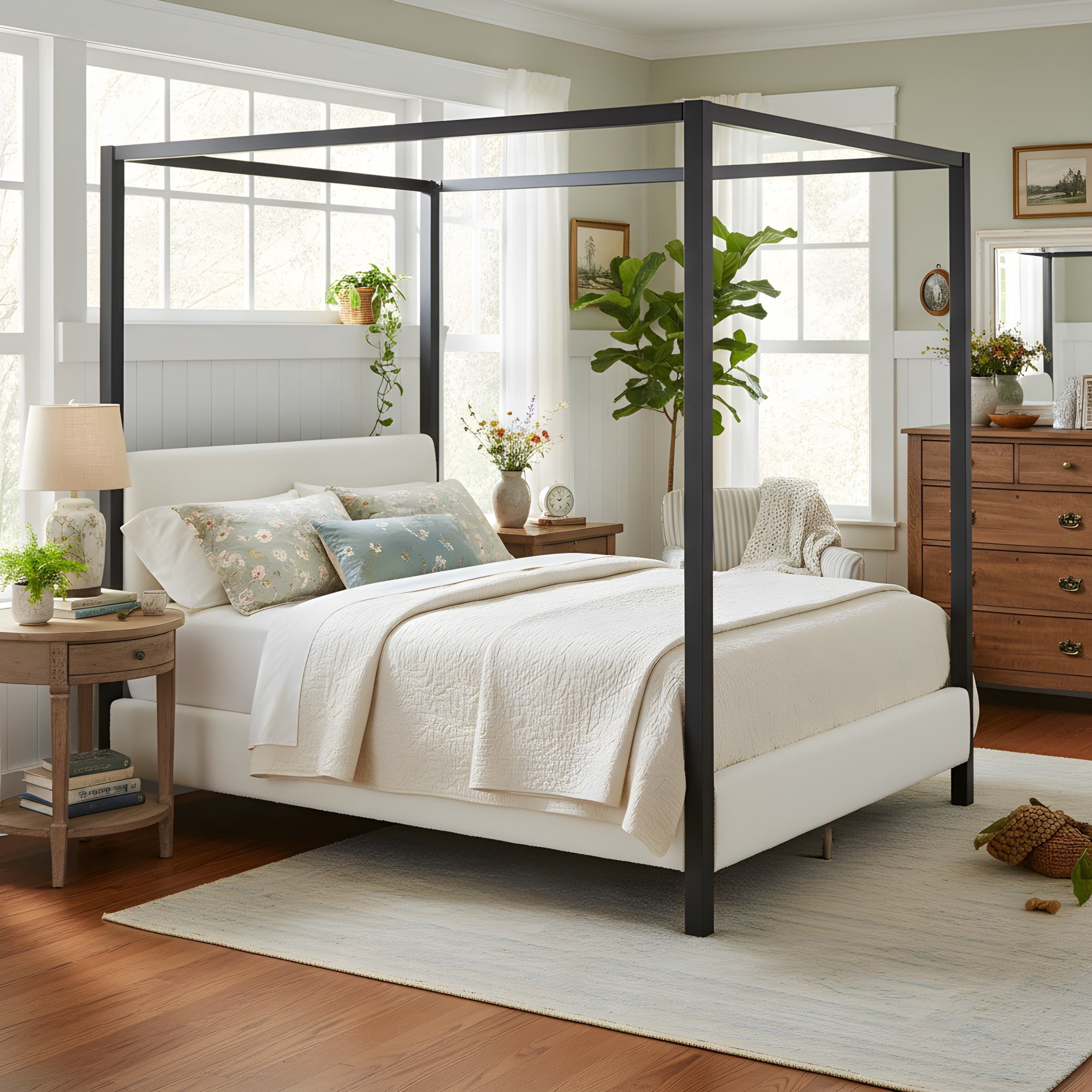 Christopher Knight Home Modern Queen Metal Canopy Bed Frame with Boucle Upholstery, Black+White