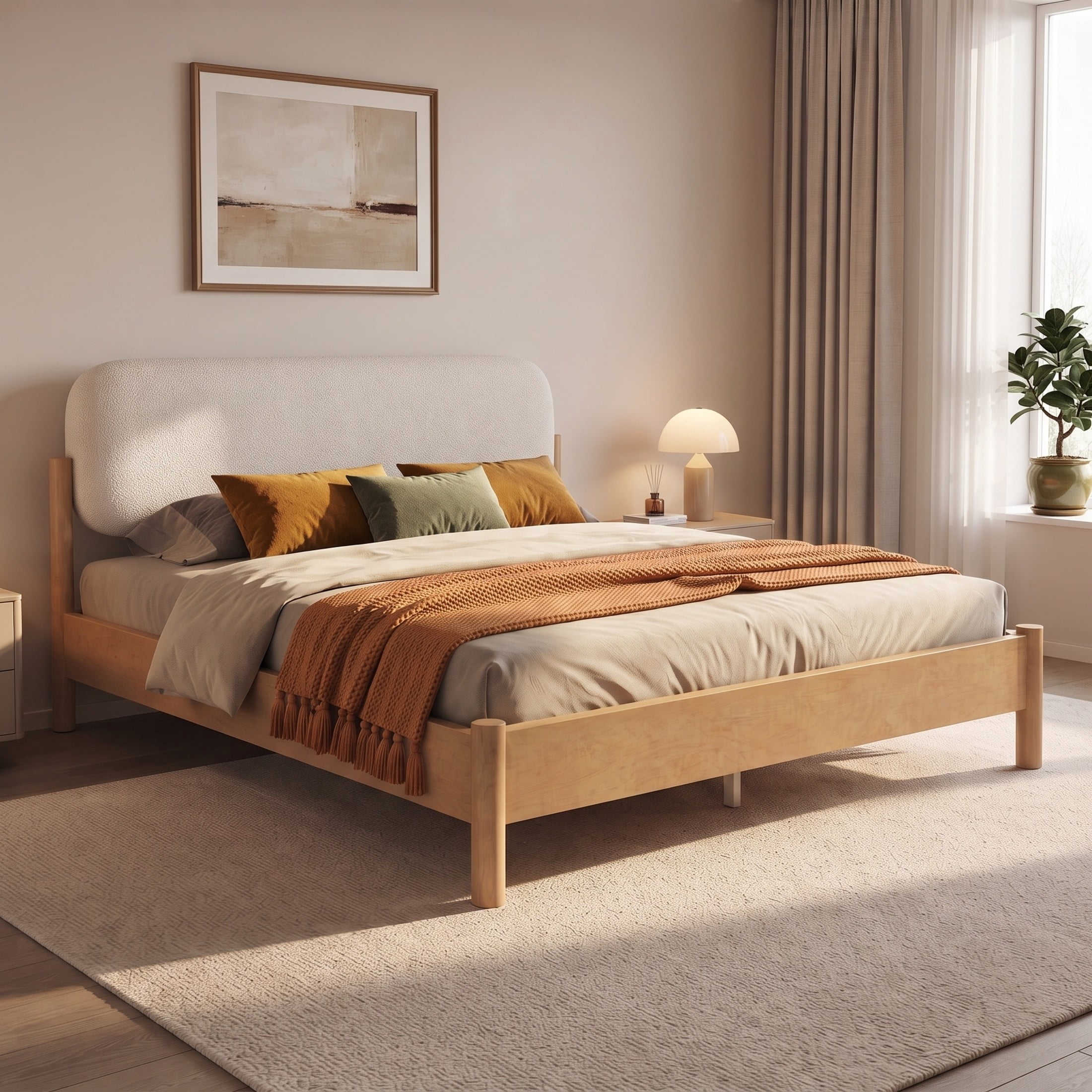Christopher Knight Home Modern Queen Platform Bed Frame, Thick Rounded Upholstered Headboard, Oak